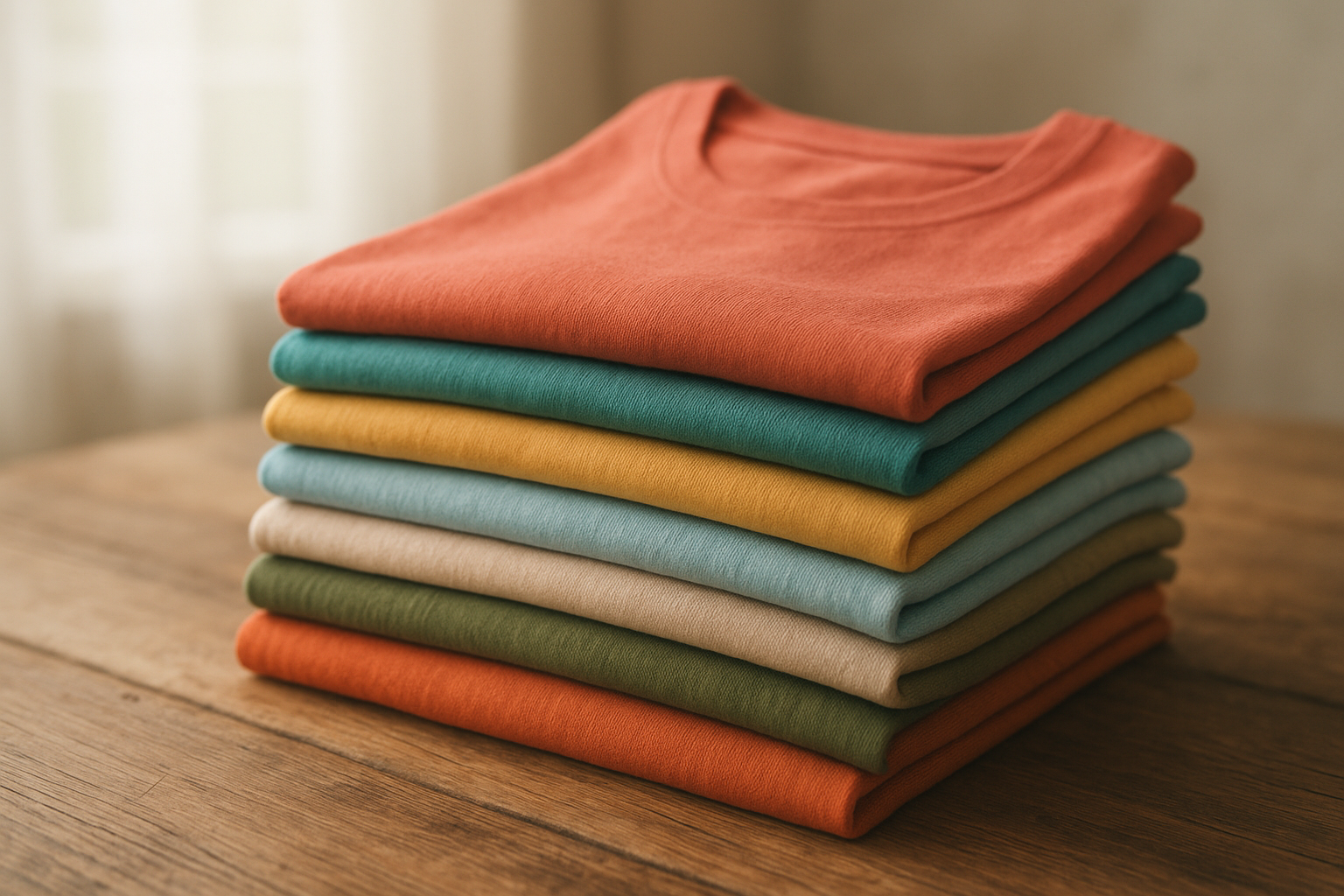 Stack of folded soft-feel t-shirts made from premium cotton fabric