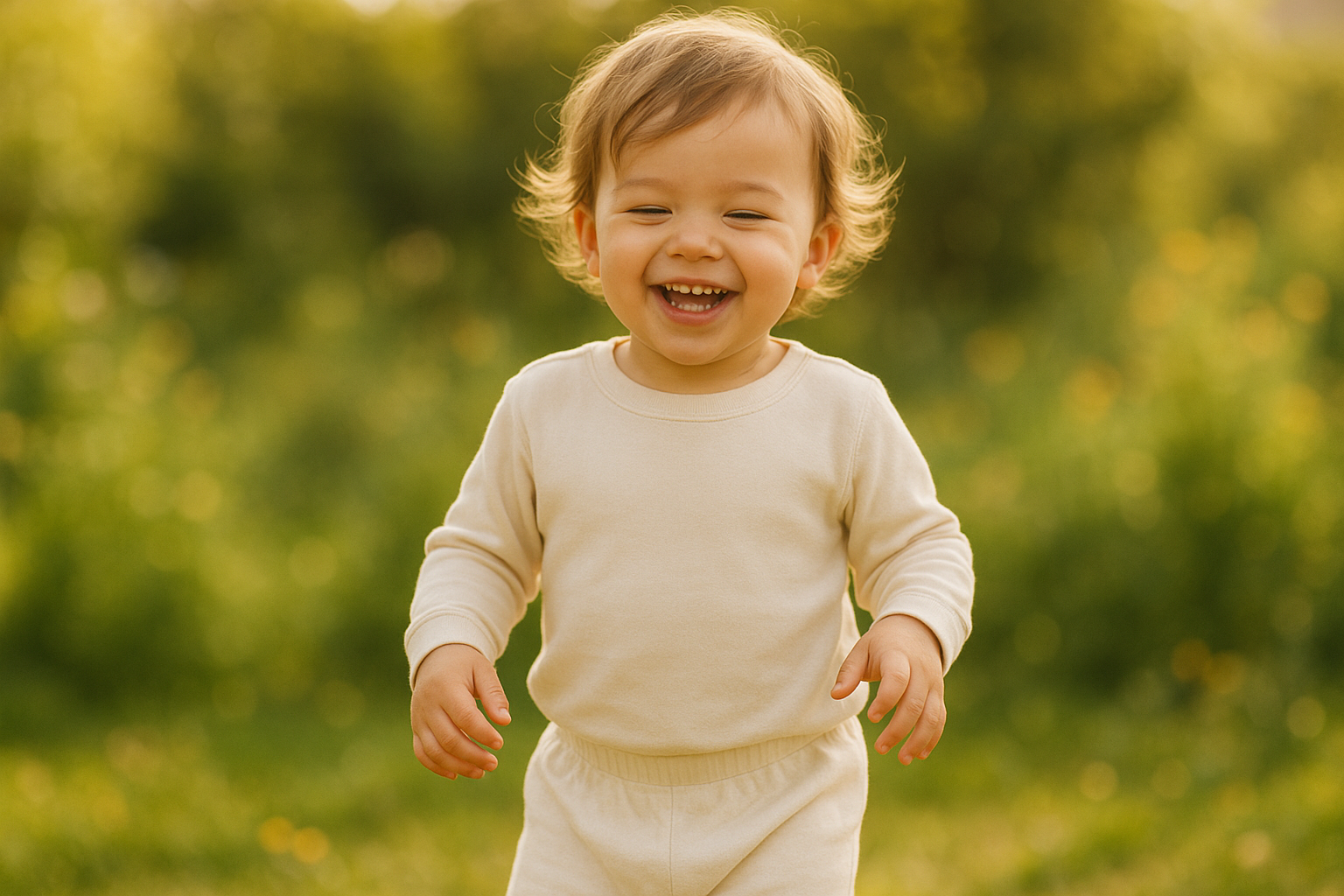 Young child wearing sustainable rental clothing in a sunlit garden setting