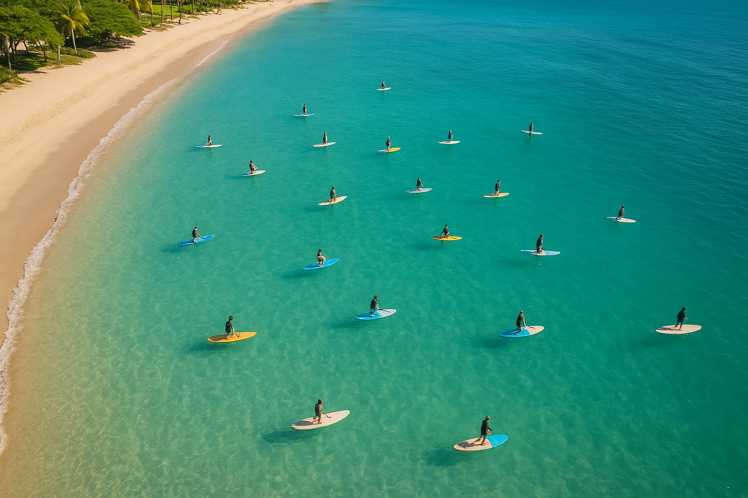 Aerial view of Waikiki Beach shoreline with families practicing surfing in shallow water