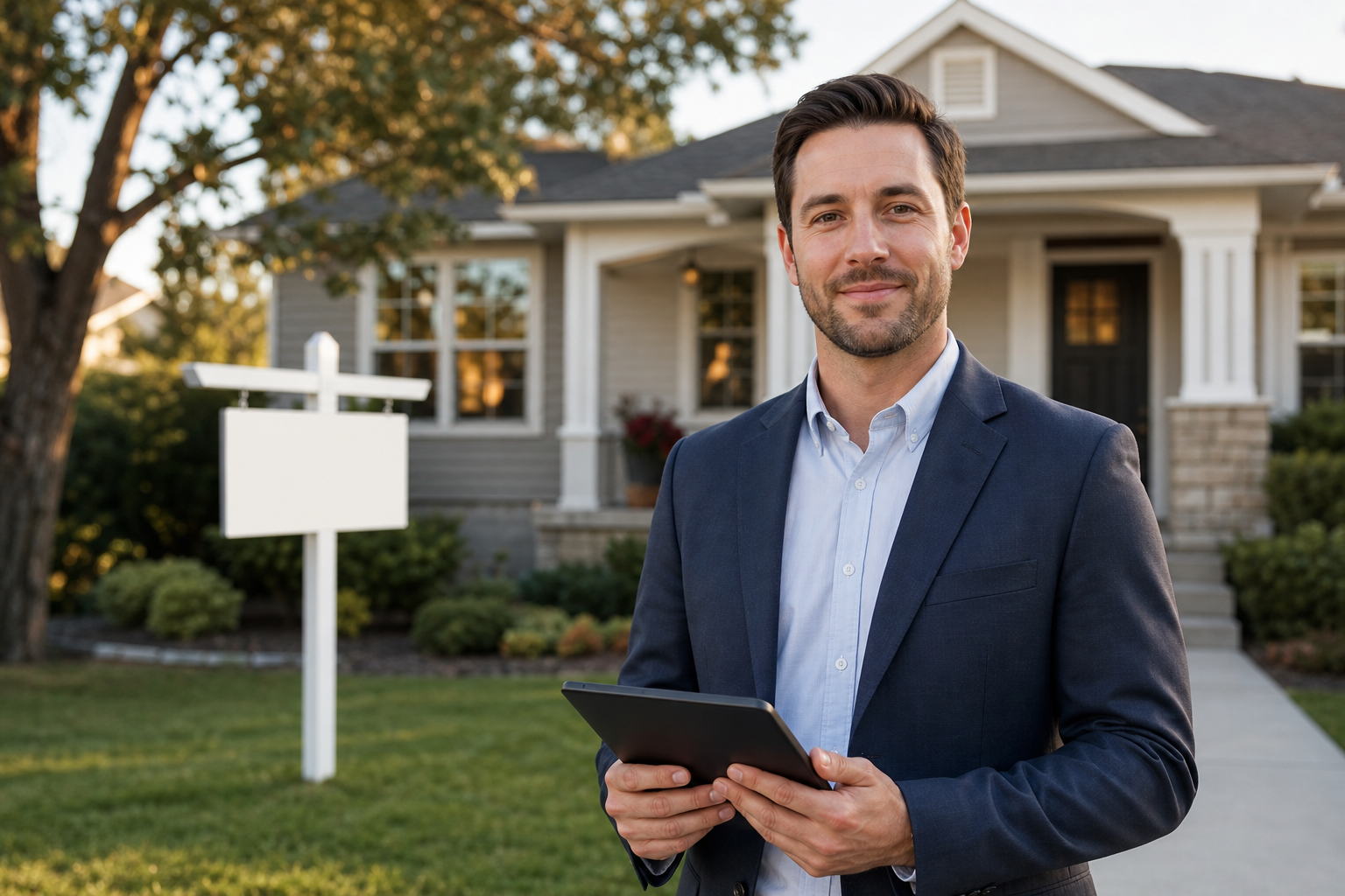 Agent outside a suburban home after reaching a homeowner identified through seller scoring software
