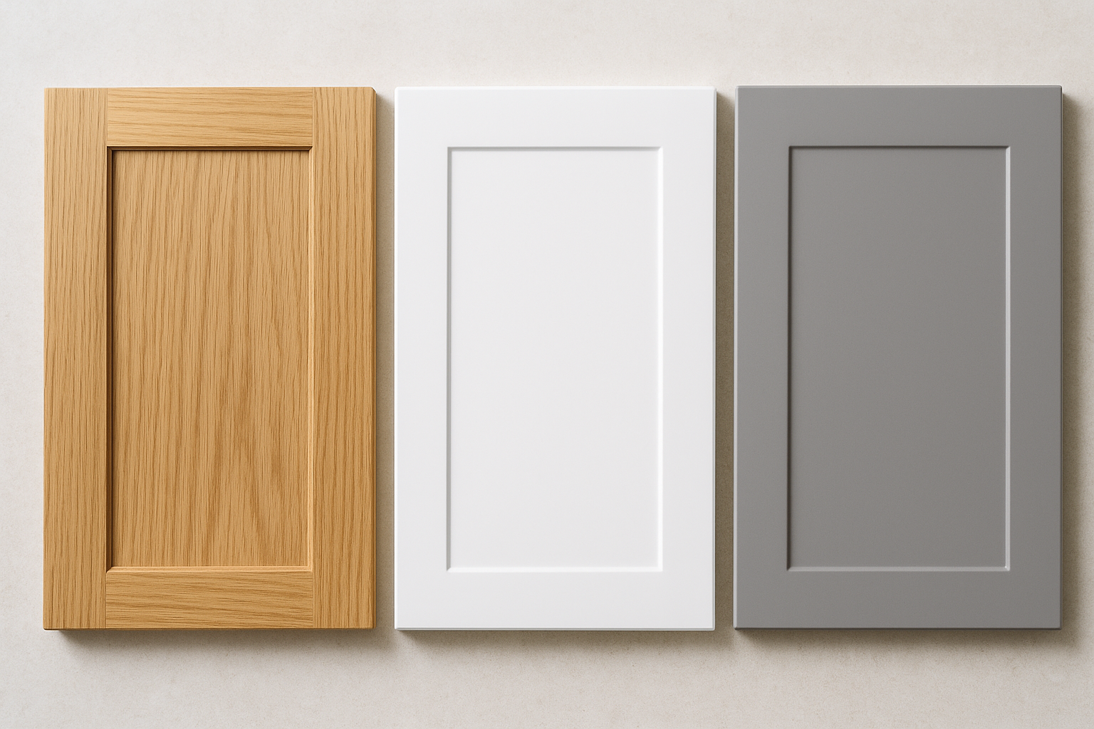 Three cabinet refacing material samples showing wood veneer, thermofoil, and laminate options side by side