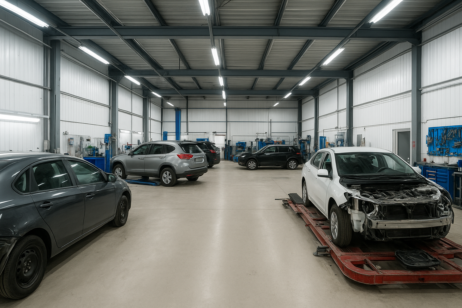 Interior of a modern orange county body shop with vehicles undergoing collision repair