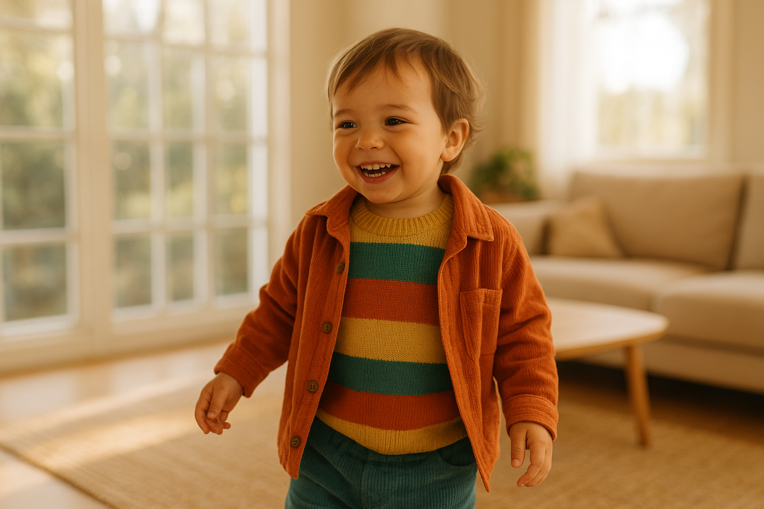 Young toddler wearing a stylish outfit from a children's clothing subscription rental service in a bright home setting