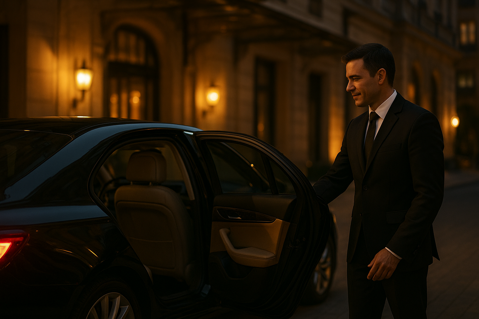 Professional chauffeur opening the door for a client during a long distance chauffeured service pickup