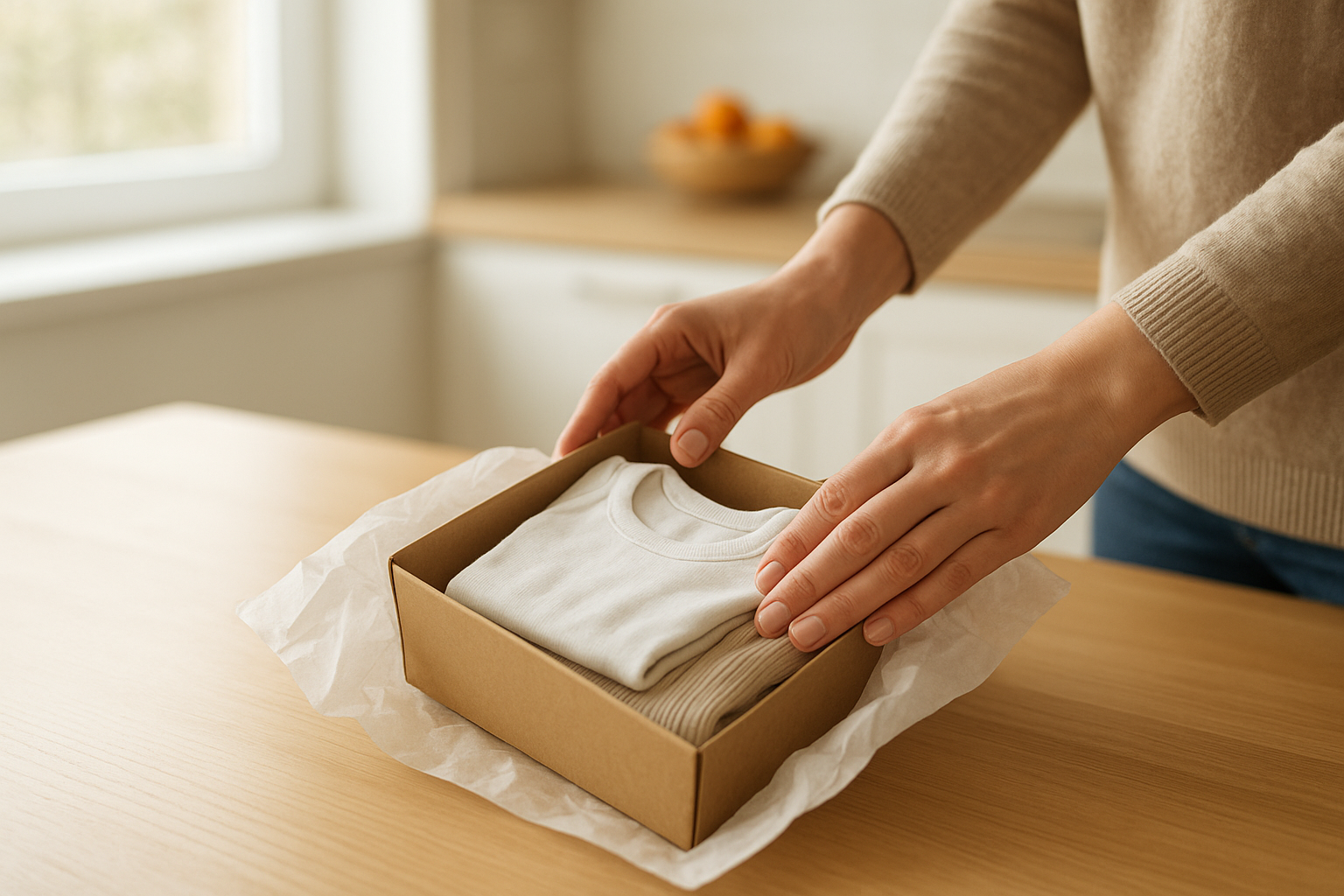 Parent preparing a return shipment box as part of a baby clothing rental exchange