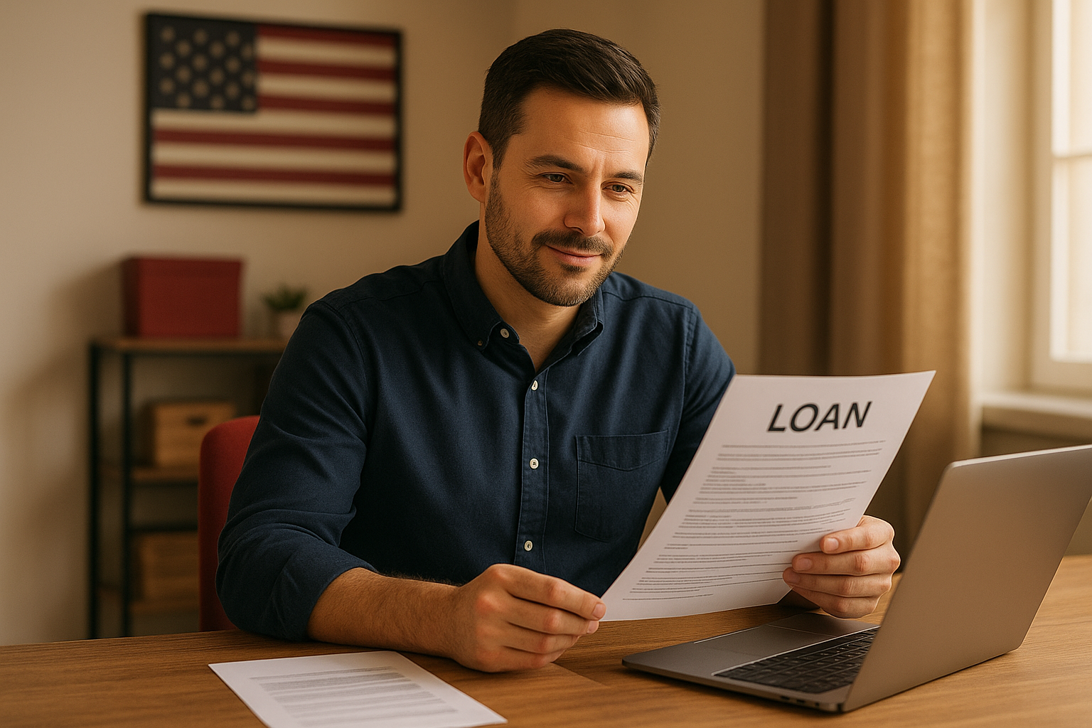 Small business owner reviewing an SBA small business loan application at a desk