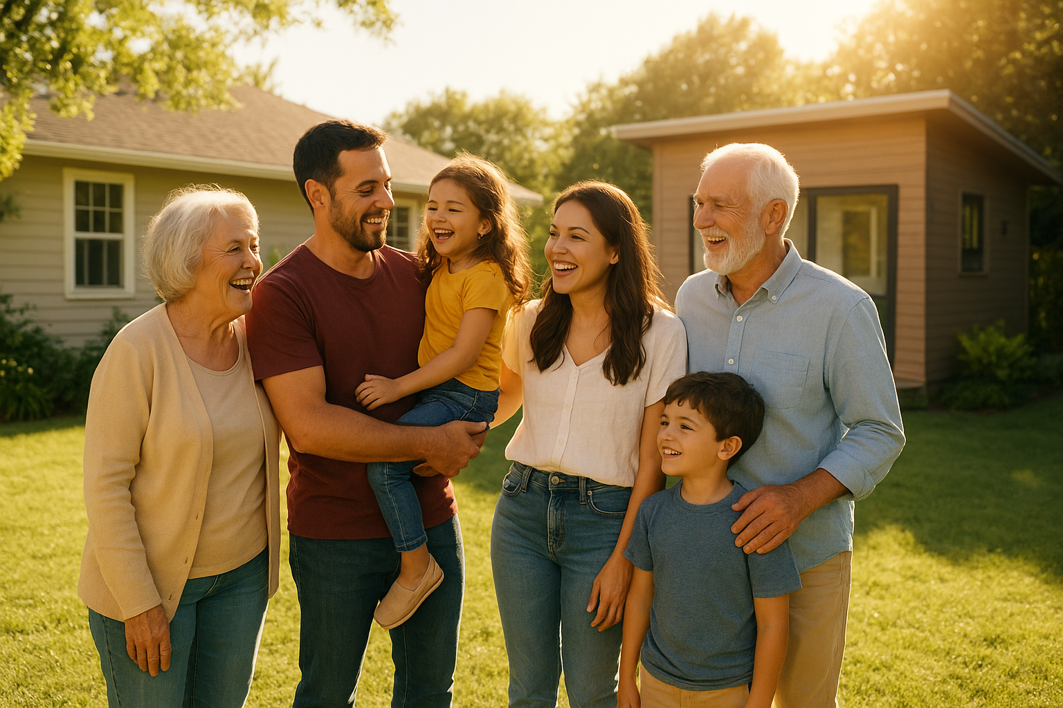 Multigenerational family enjoying backyard space between main home and ADU guest house