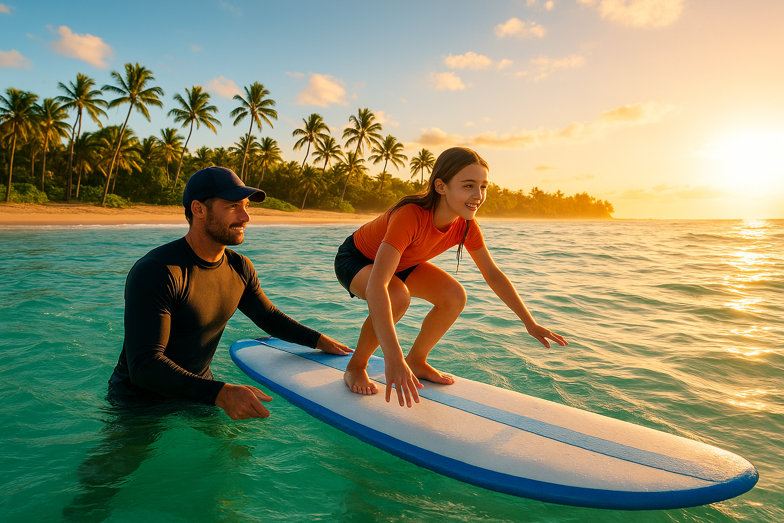 Pro surf coaching Hawaii session with instructor guiding a beginner student in the ocean