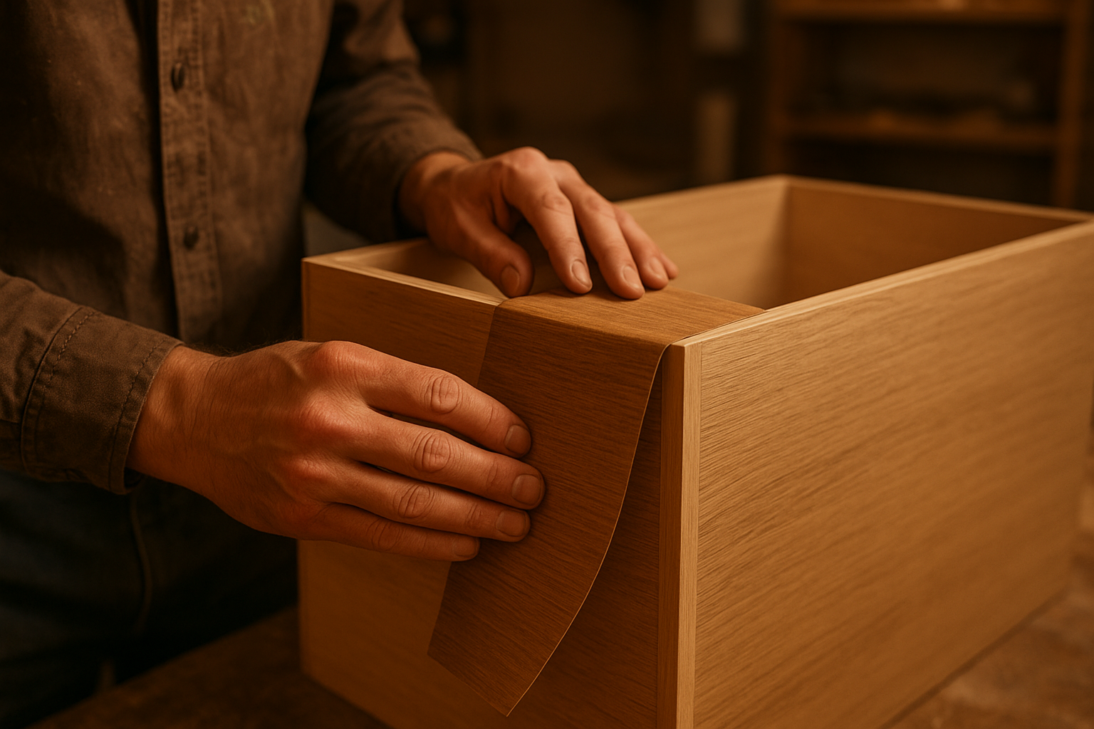 Professional craftsman applying wood veneer during a kitchen cabinet refacing installation
