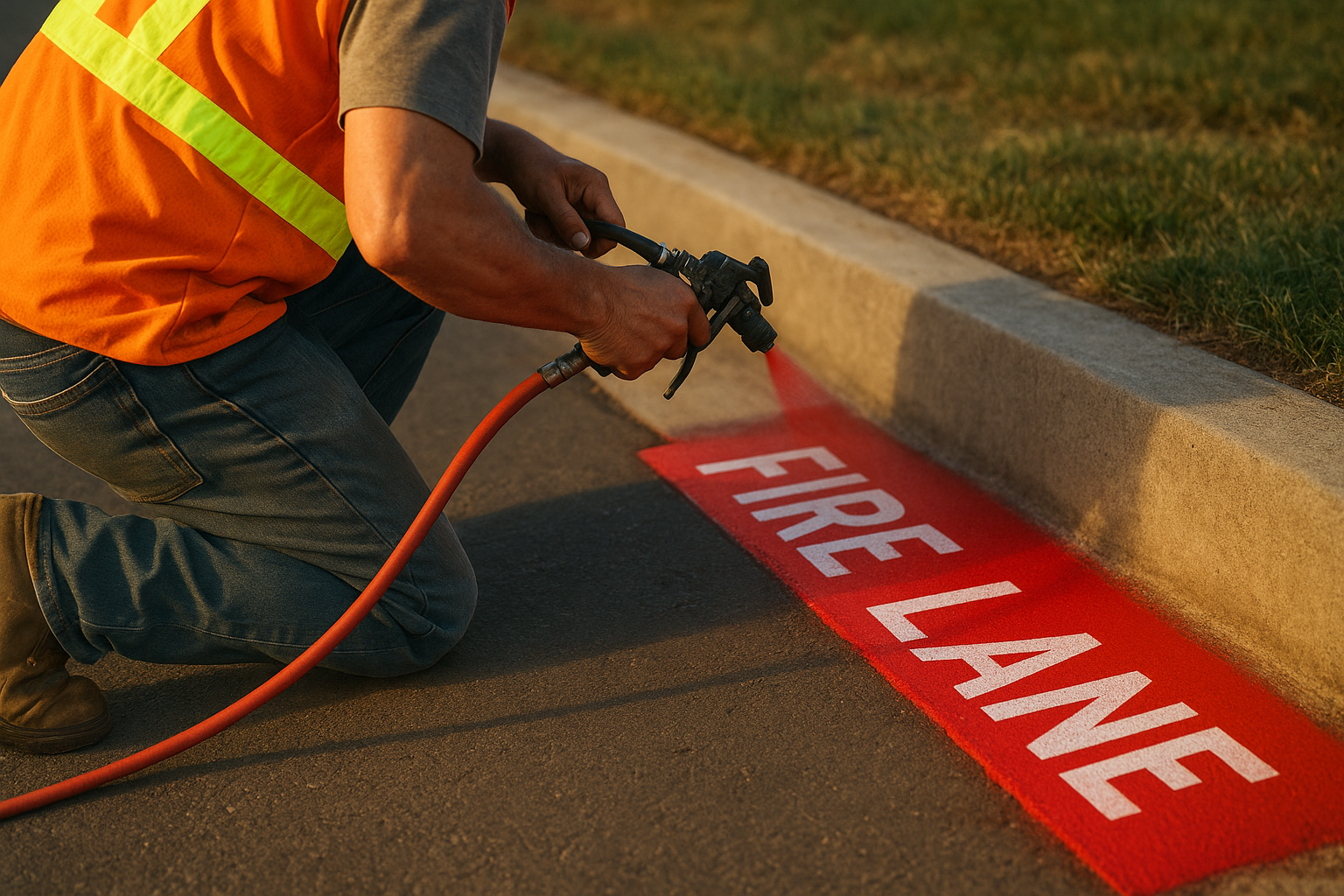 Pavement marking crew applying red fire lane lettering on a commercial property curb