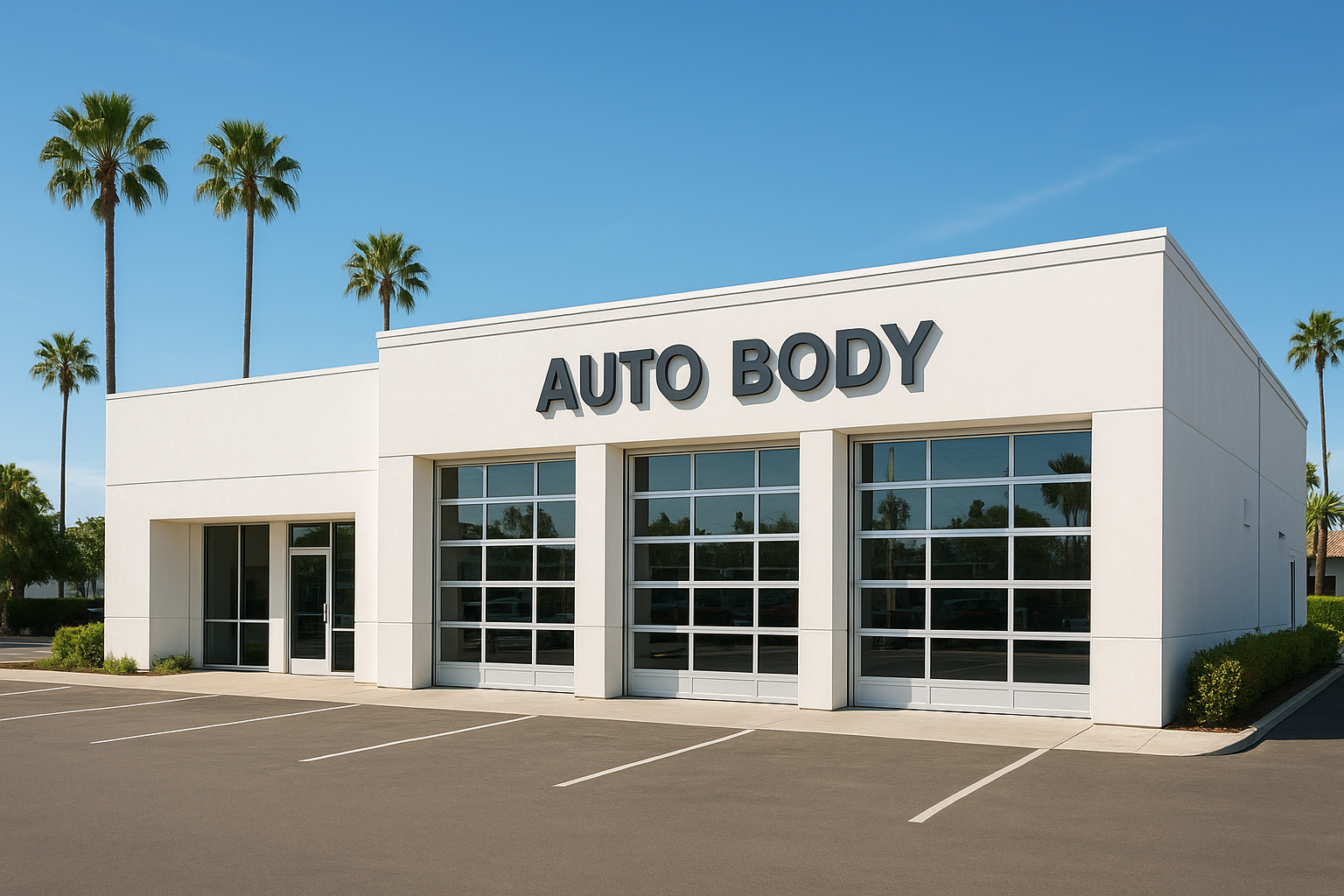 Brea auto body shop exterior with open bay doors on a sunny California day