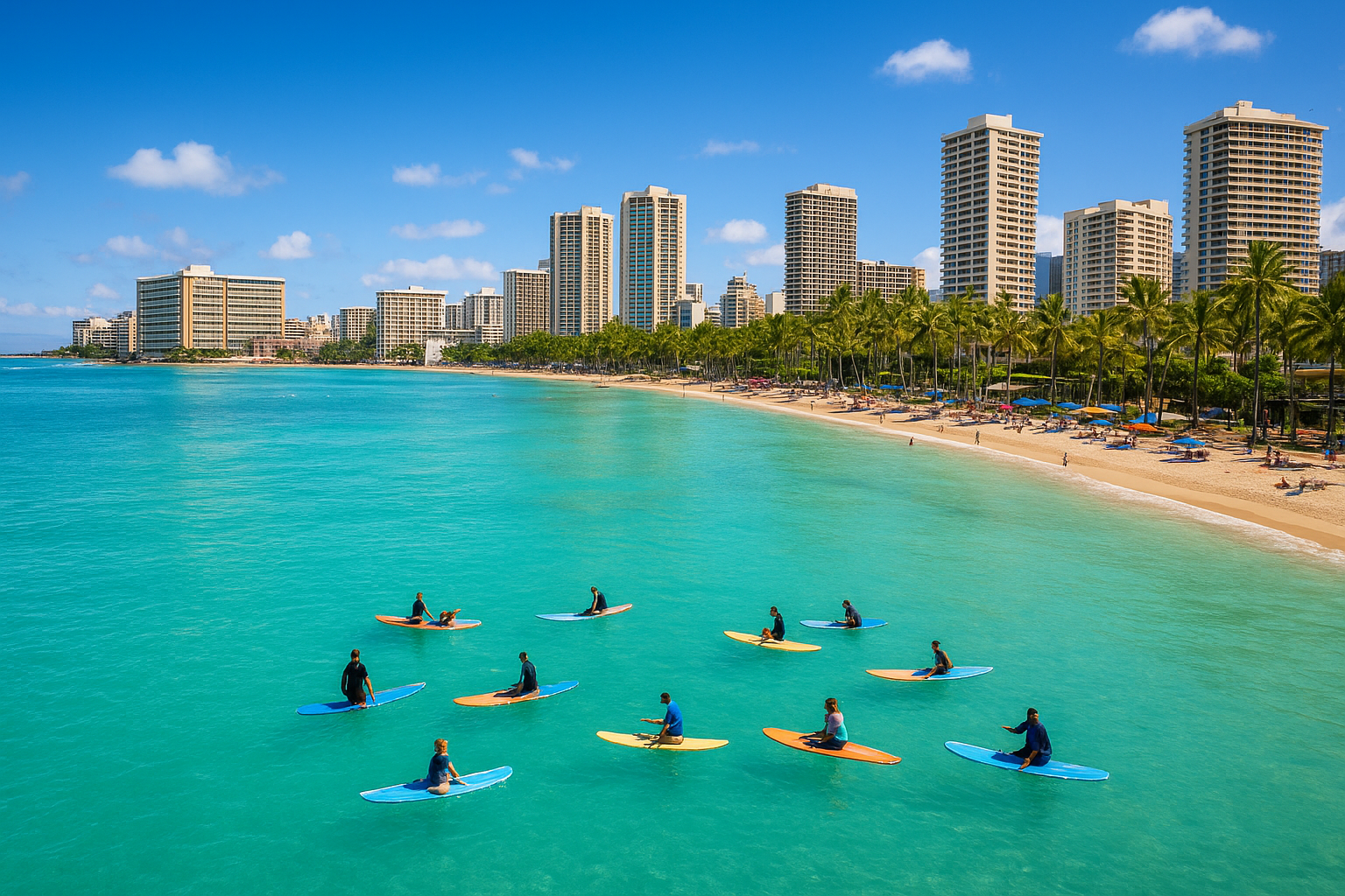 Aerial view of group surf lessons taking place in calm Waikiki water