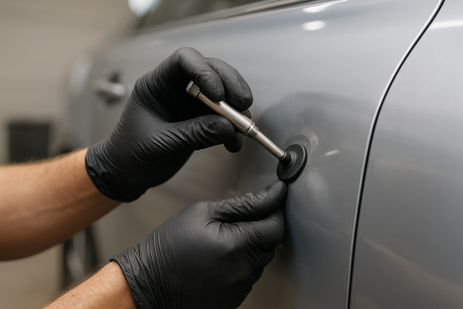 Technician performing paintless dent removal on a vehicle door panel