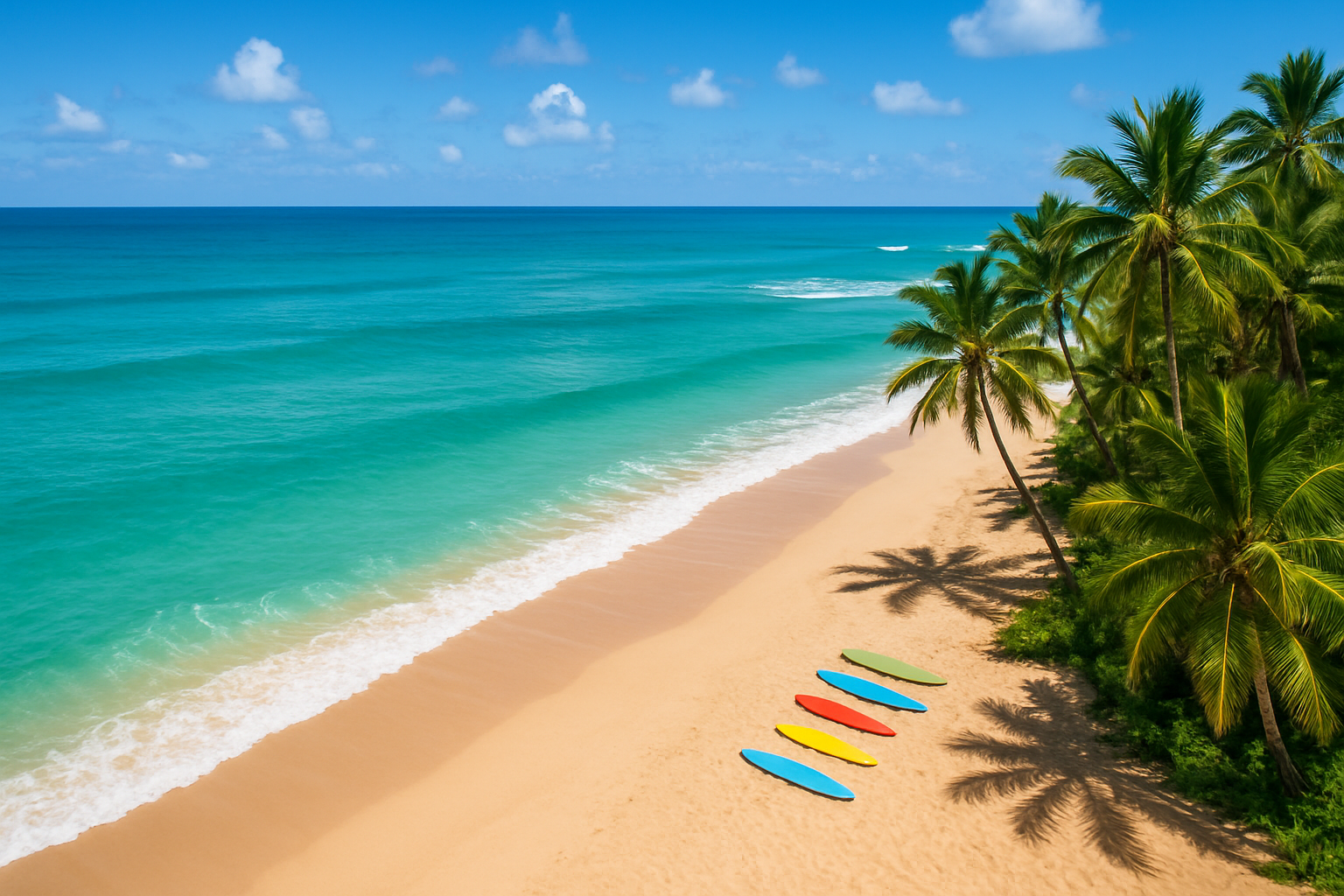 Aerial view of Waikiki Beach showing gentle waves perfect for beginner surf lessons