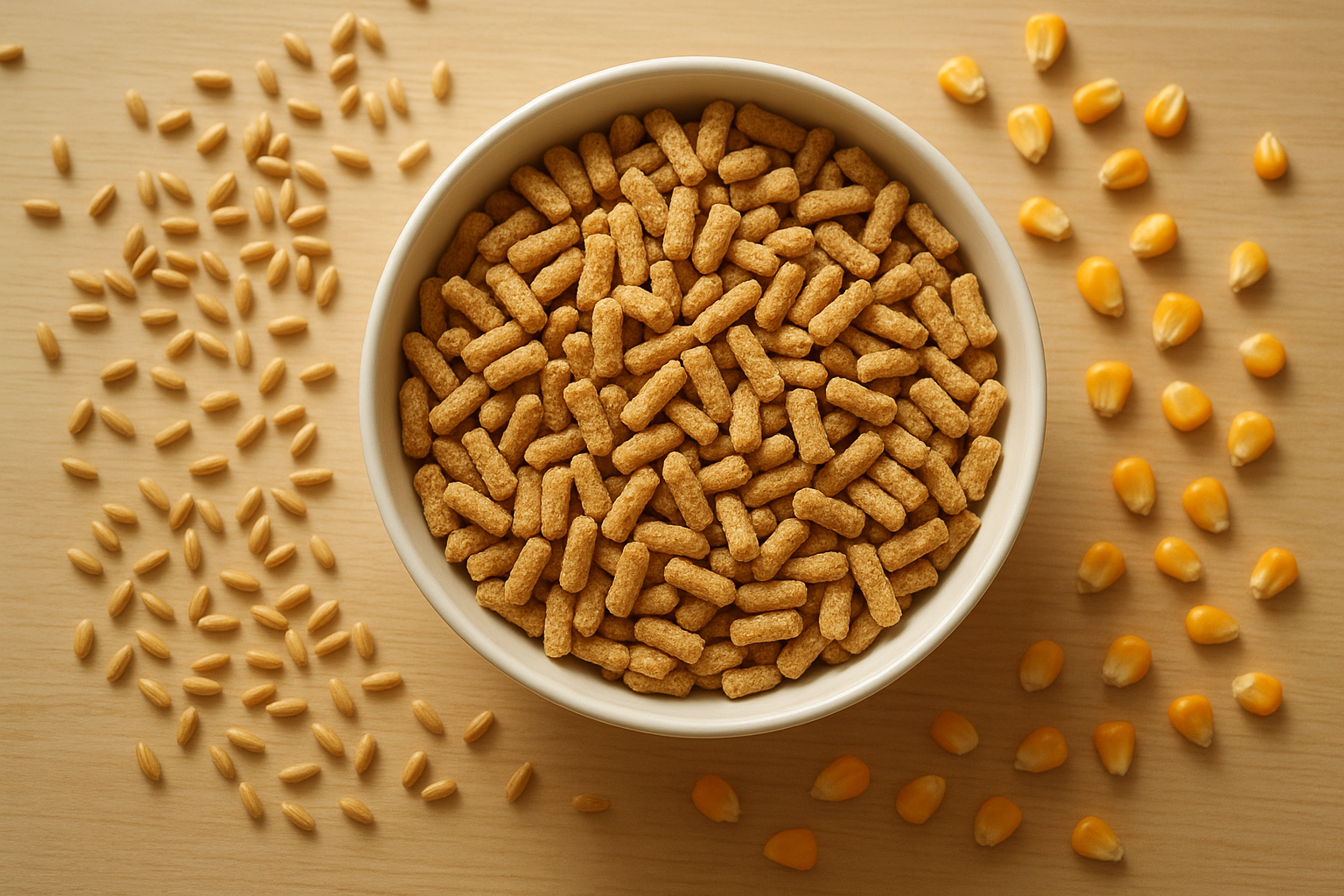 Bowl of puffed cereal made from the good grain surrounded by raw whole grain kernels