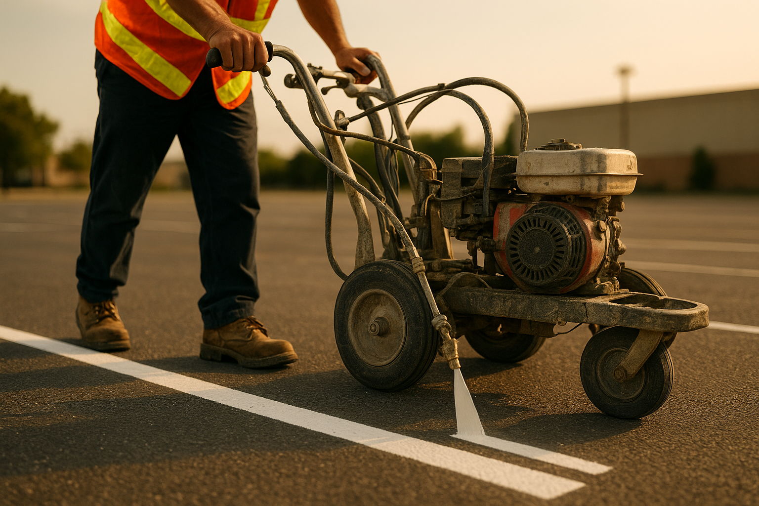 Parking lot worker applying precise white paint lines using a professional line marking machine on asphalt for commercial property