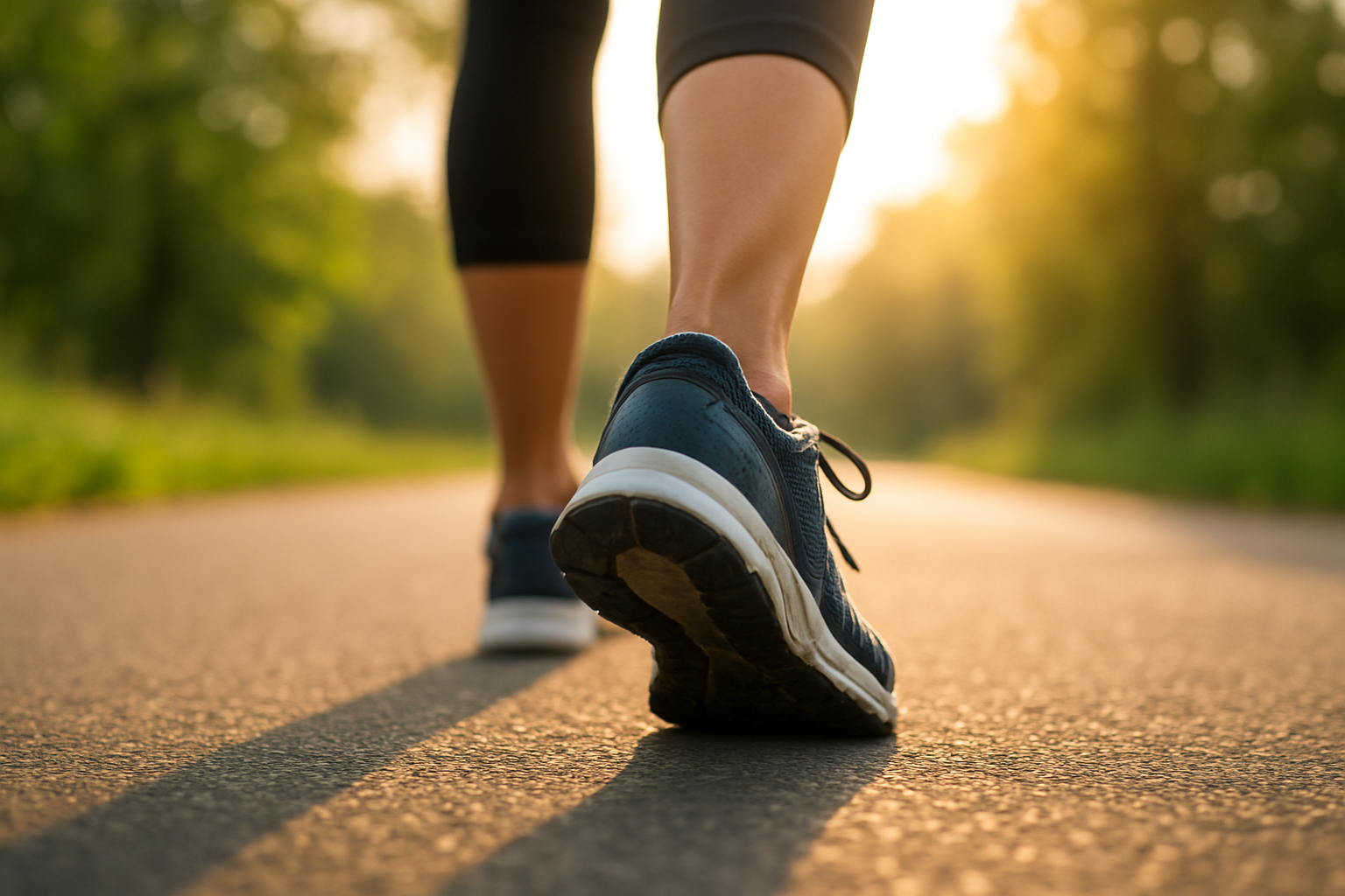 Person walking comfortably outdoors wearing supportive shoes with orthotic insoles