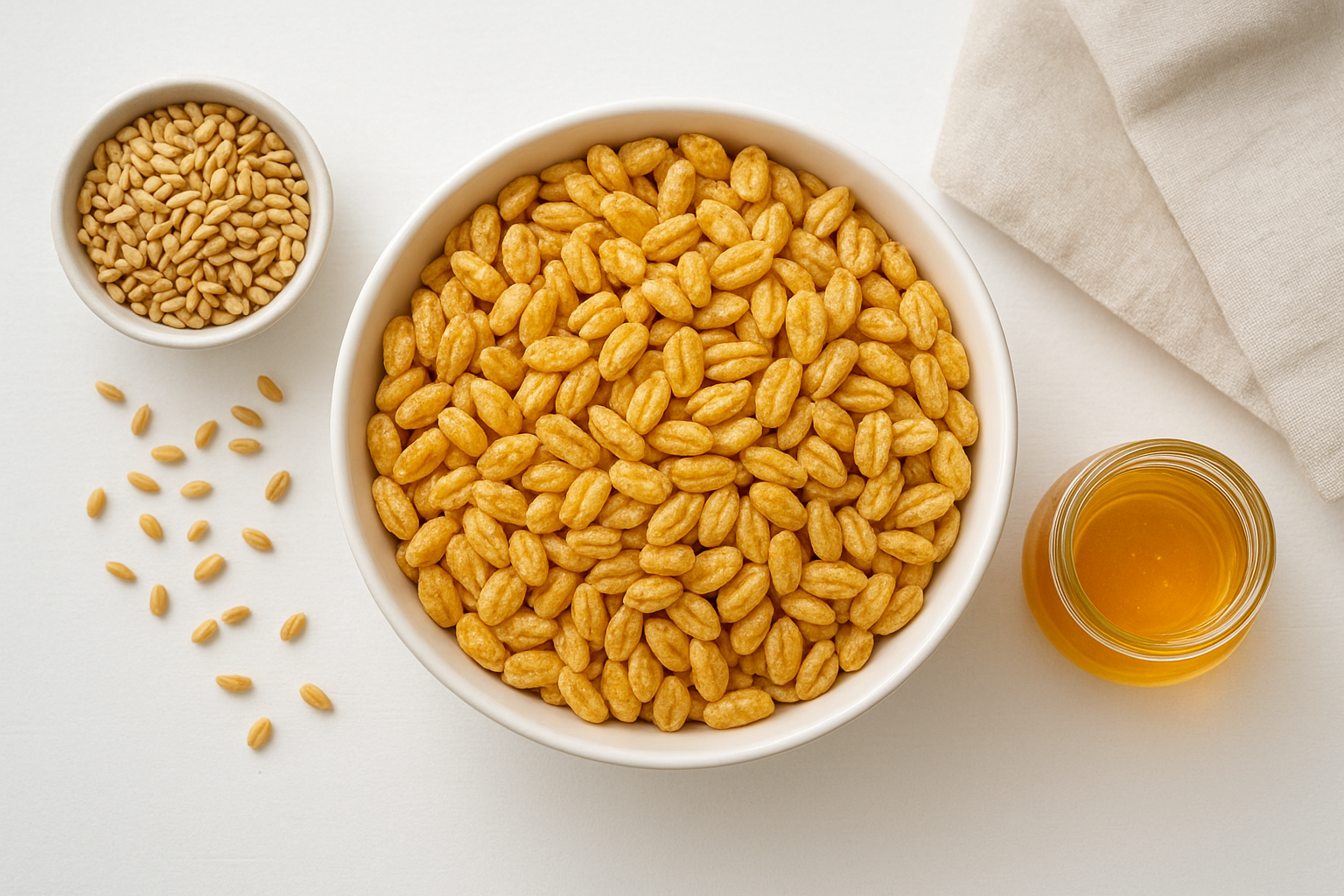 Bowl of minimally processed cereal made with organic honey and whole grains styled on a kitchen counter