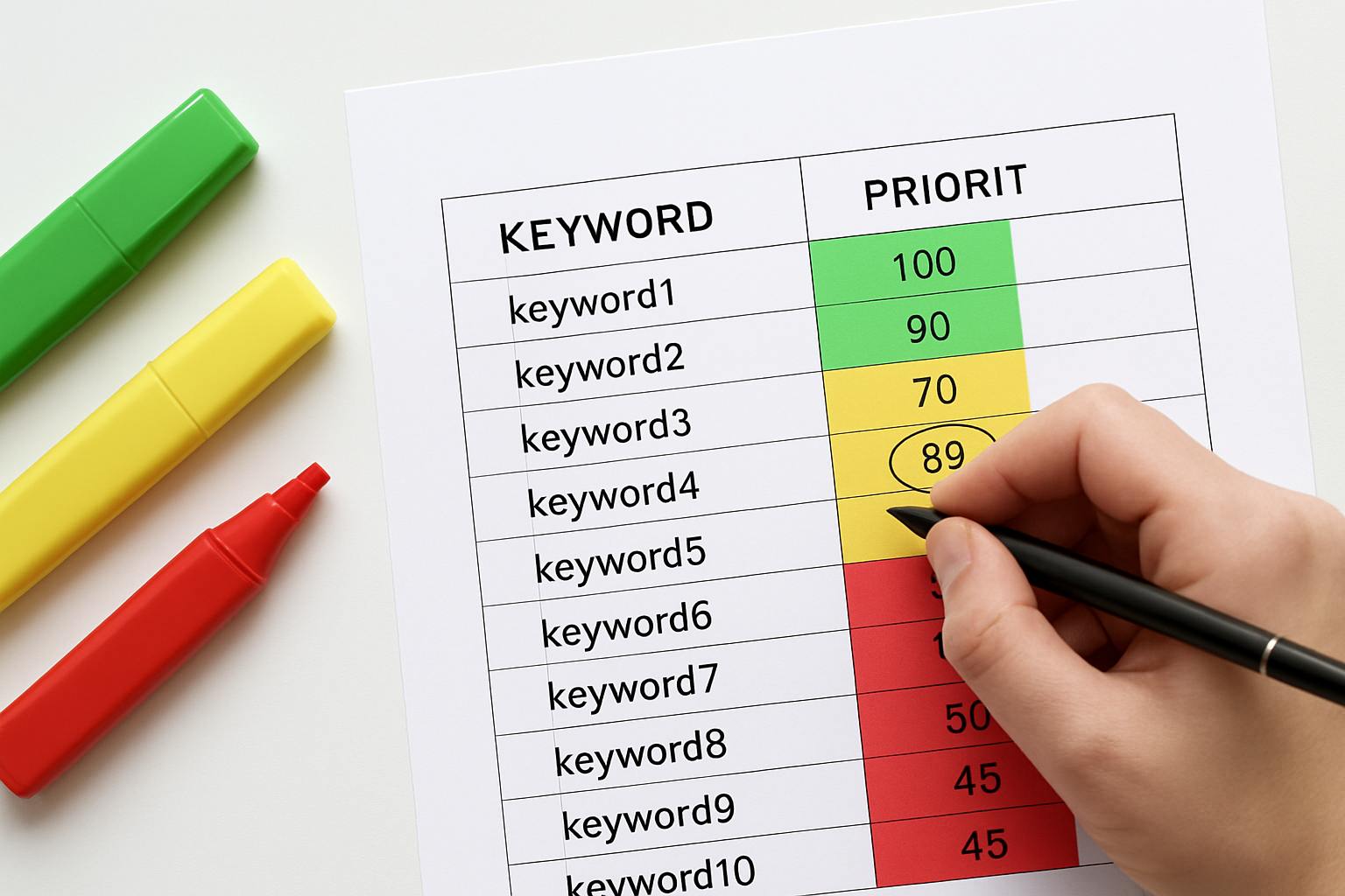 Printed keyword gap analysis spreadsheet with priority scoring using color-coded highlights