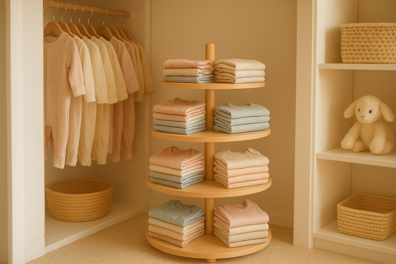 Rotating closet rack showing an affordable kids clothing rental wardrobe
