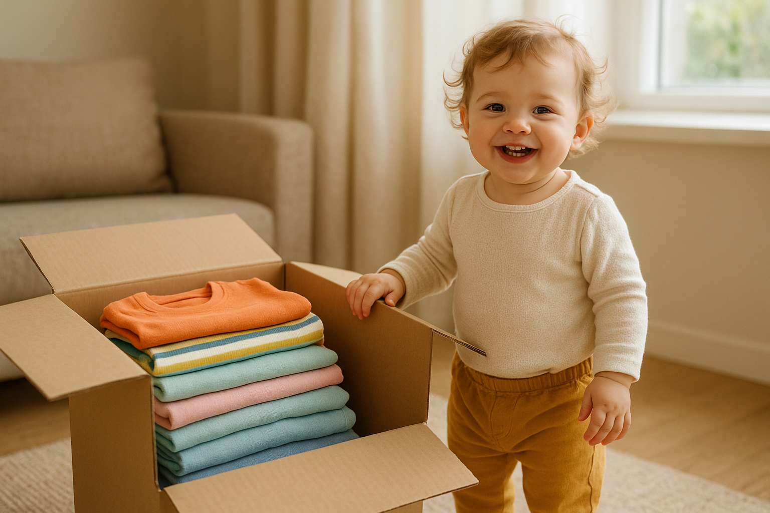 Toddler next to an open kids fashion delivery subscription box of folded clothing