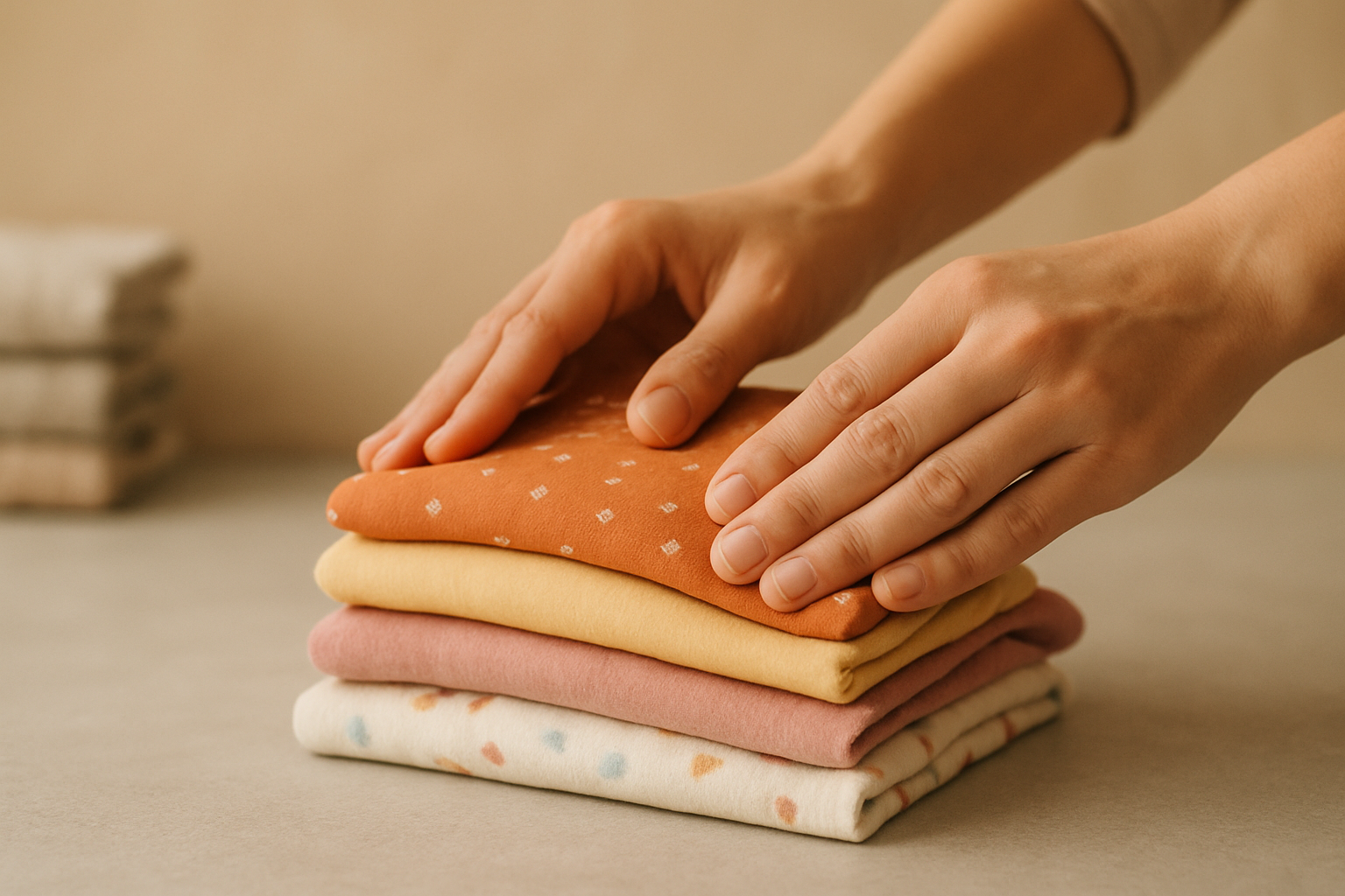 Parent folding children's clothing received from a kids clothing rental subscription service