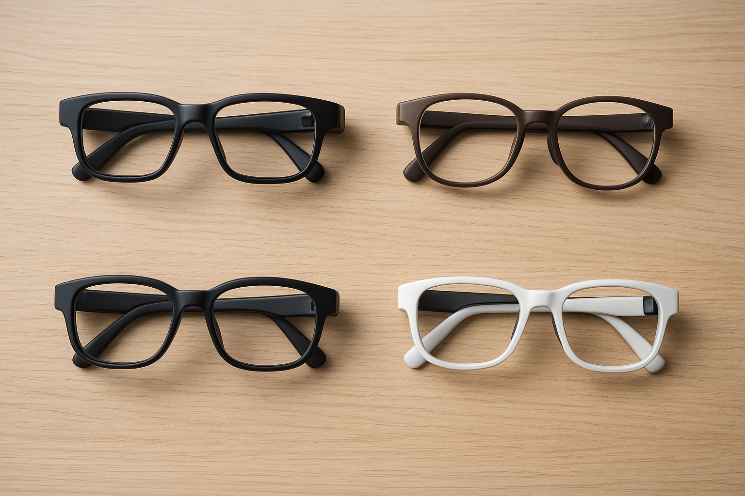 Flat lay of four smart glasses models arranged for a side-by-side comparison