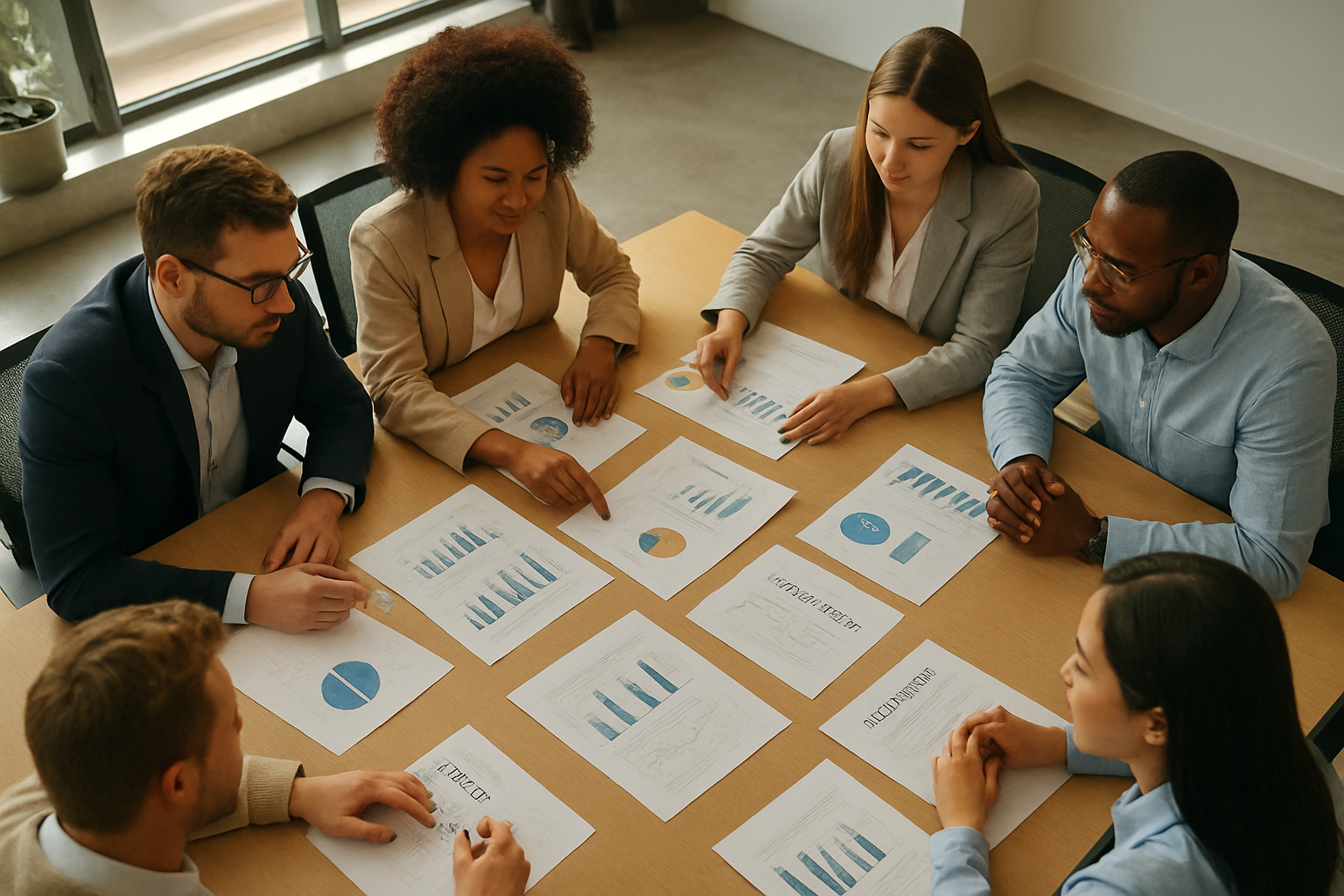 Business team collaborating on an organization development strategy around a conference table