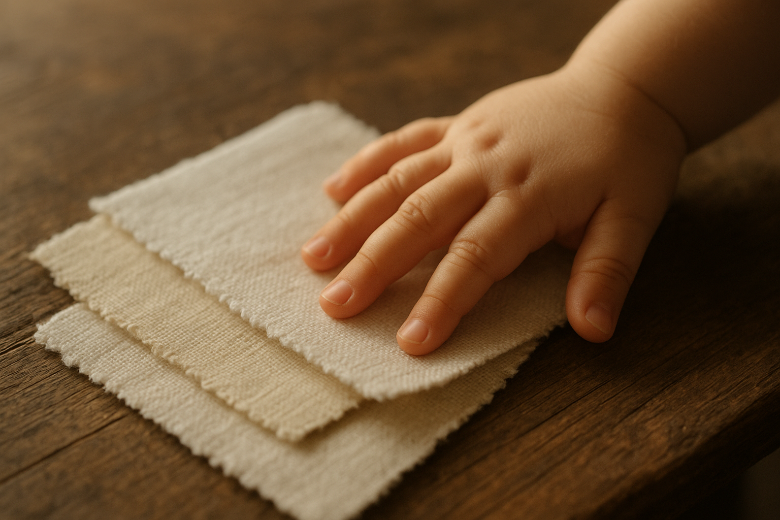Child's hand touching soft organic cotton fabric used in eco-friendly kids clothing