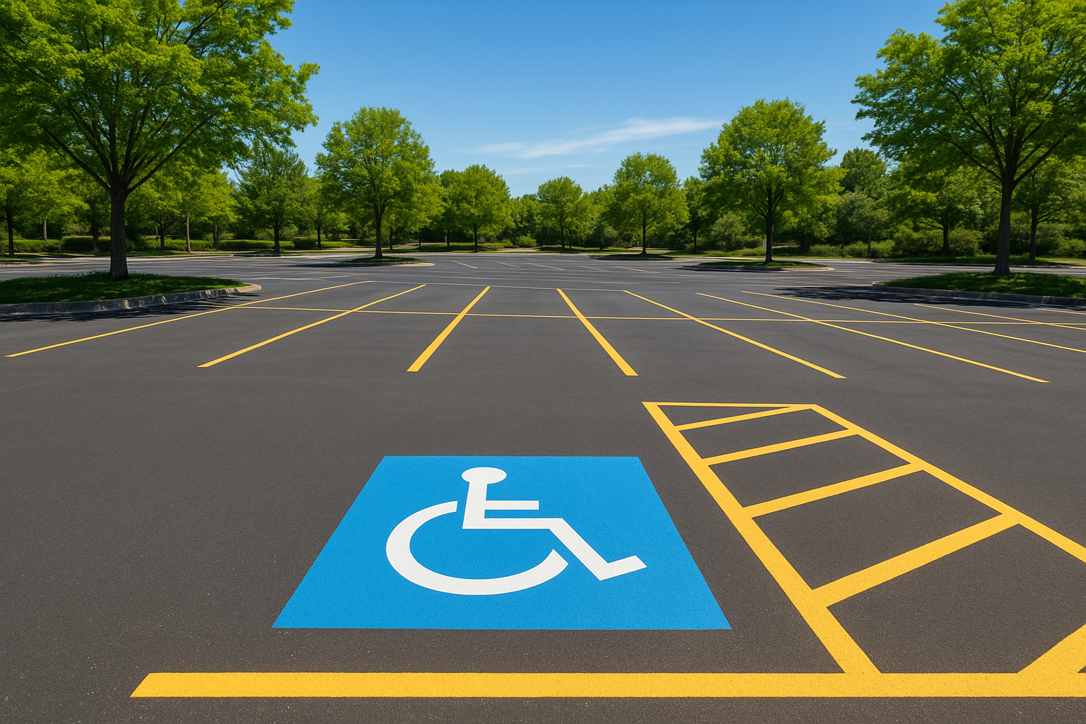 ADA-compliant handicap stall markings with the International Symbol of Accessibility as part of a woodland striping services project
