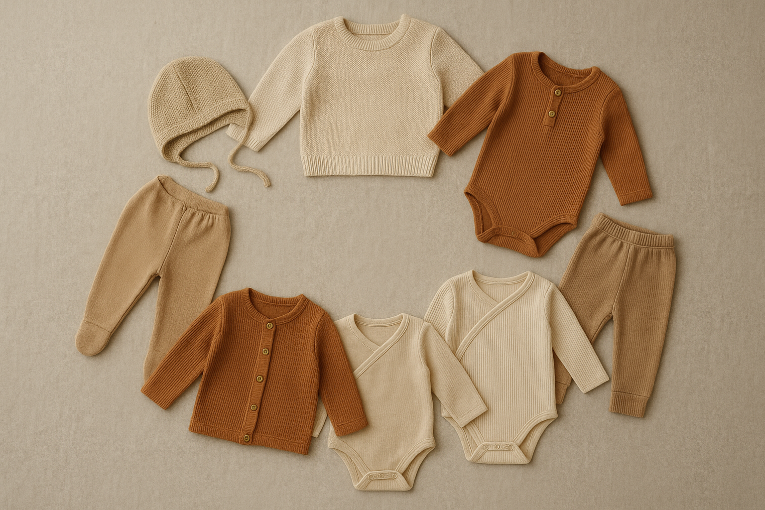 Flat lay of premium baby garments representing a sustainable newborn clothes rental service