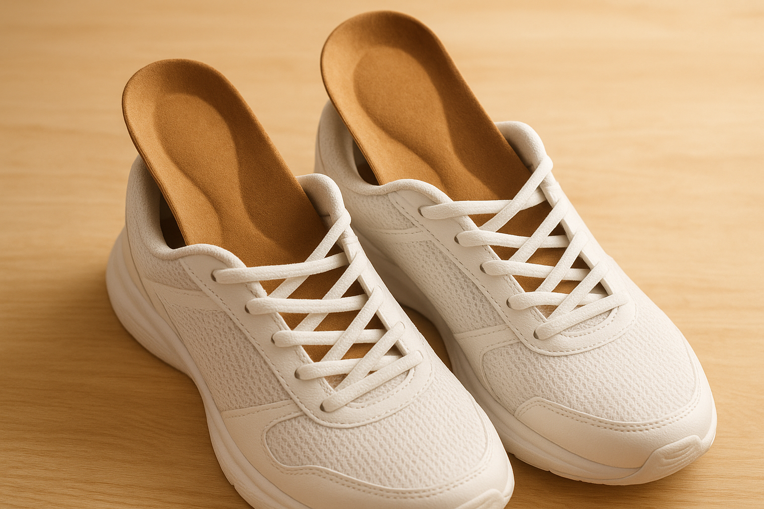 Comfortable insoles for everyday use placed inside white athletic shoes on a wooden surface