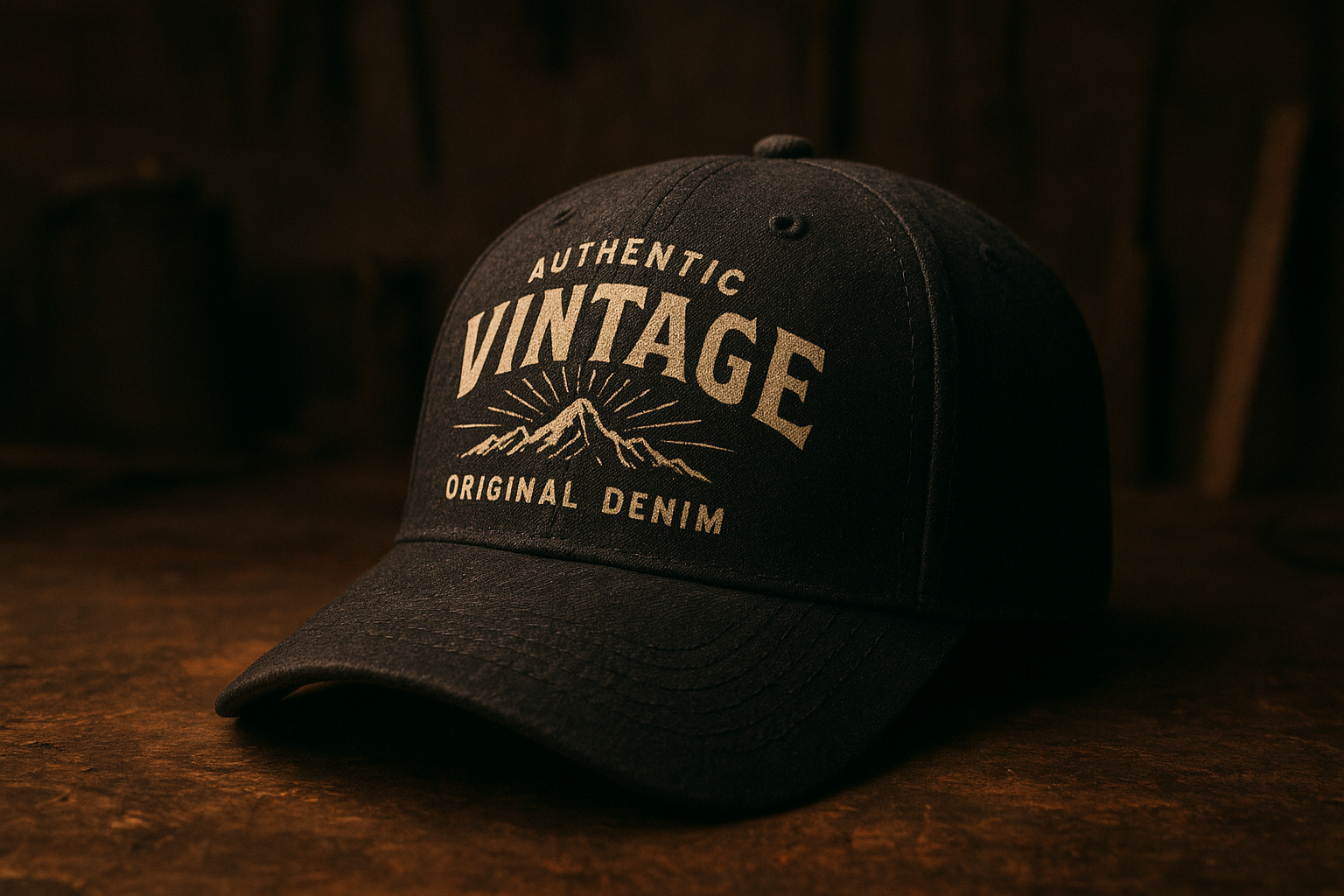 Custom headwear screen printing on a dark structured baseball cap with vintage graphic
