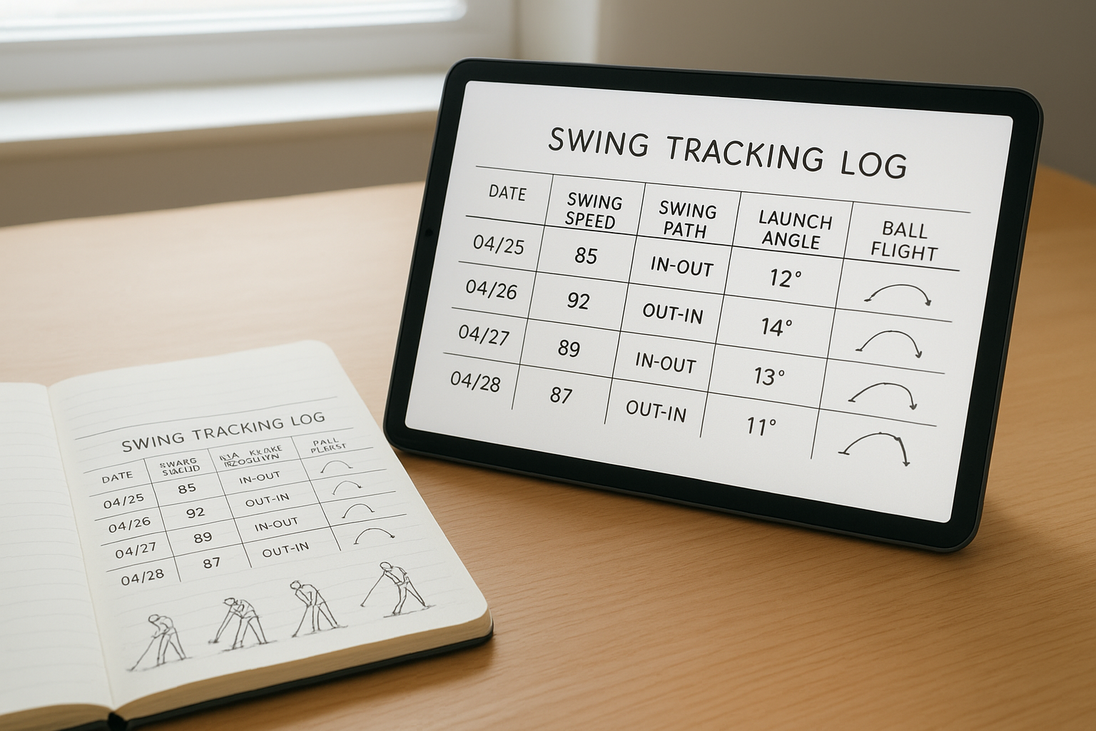 swing change tracking log with dates and metrics on a tablet and notebook