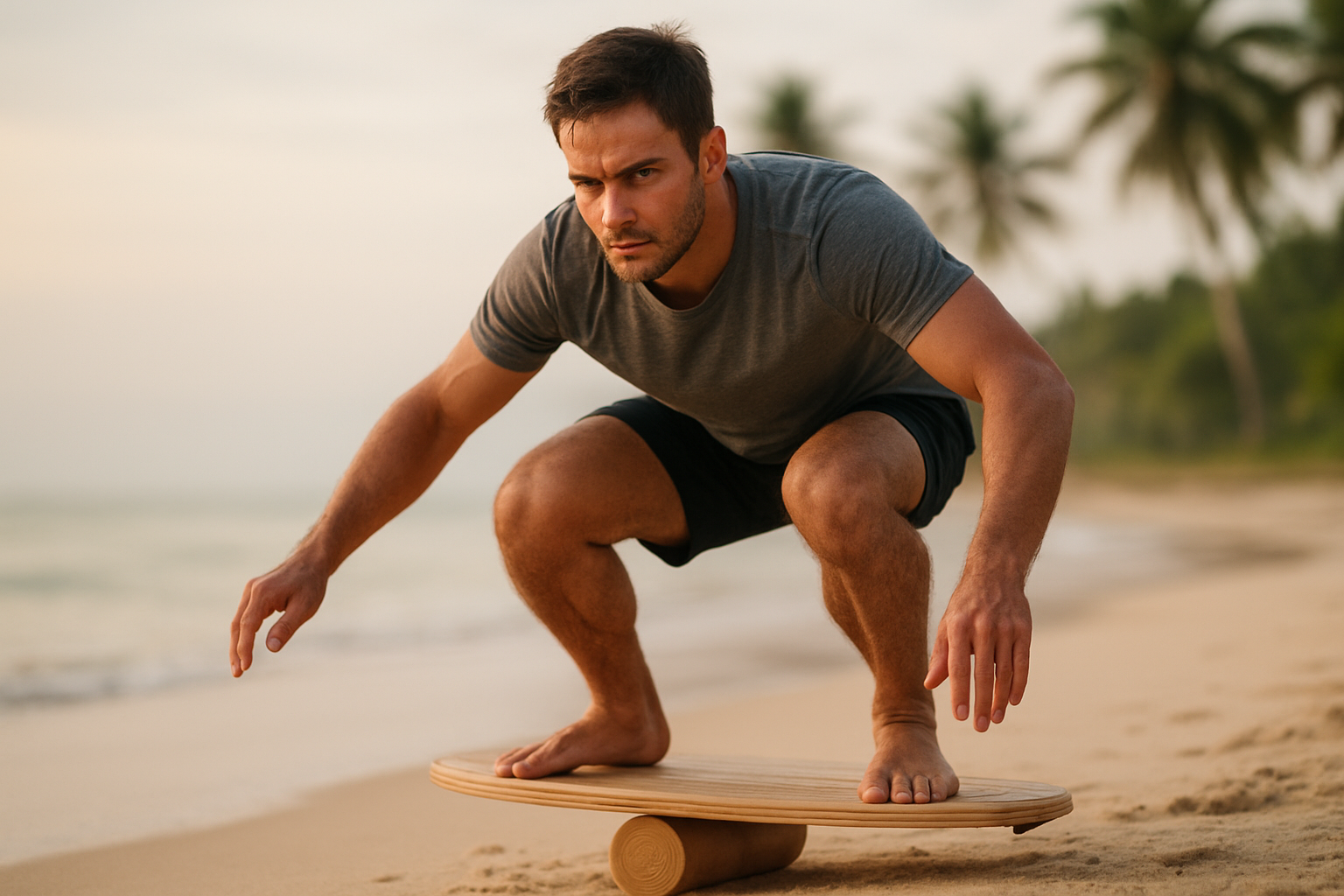Instructor demonstrating a balance board exercise used in surf fitness training