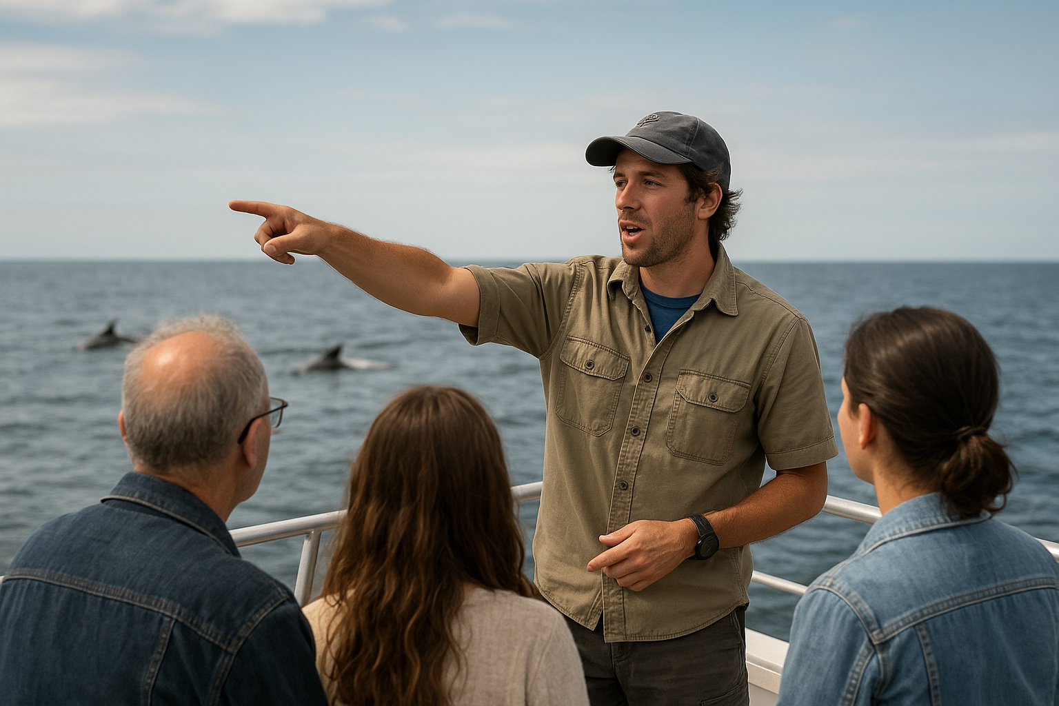 Marine biologist guiding guests during a small-group dolphin watching excursion