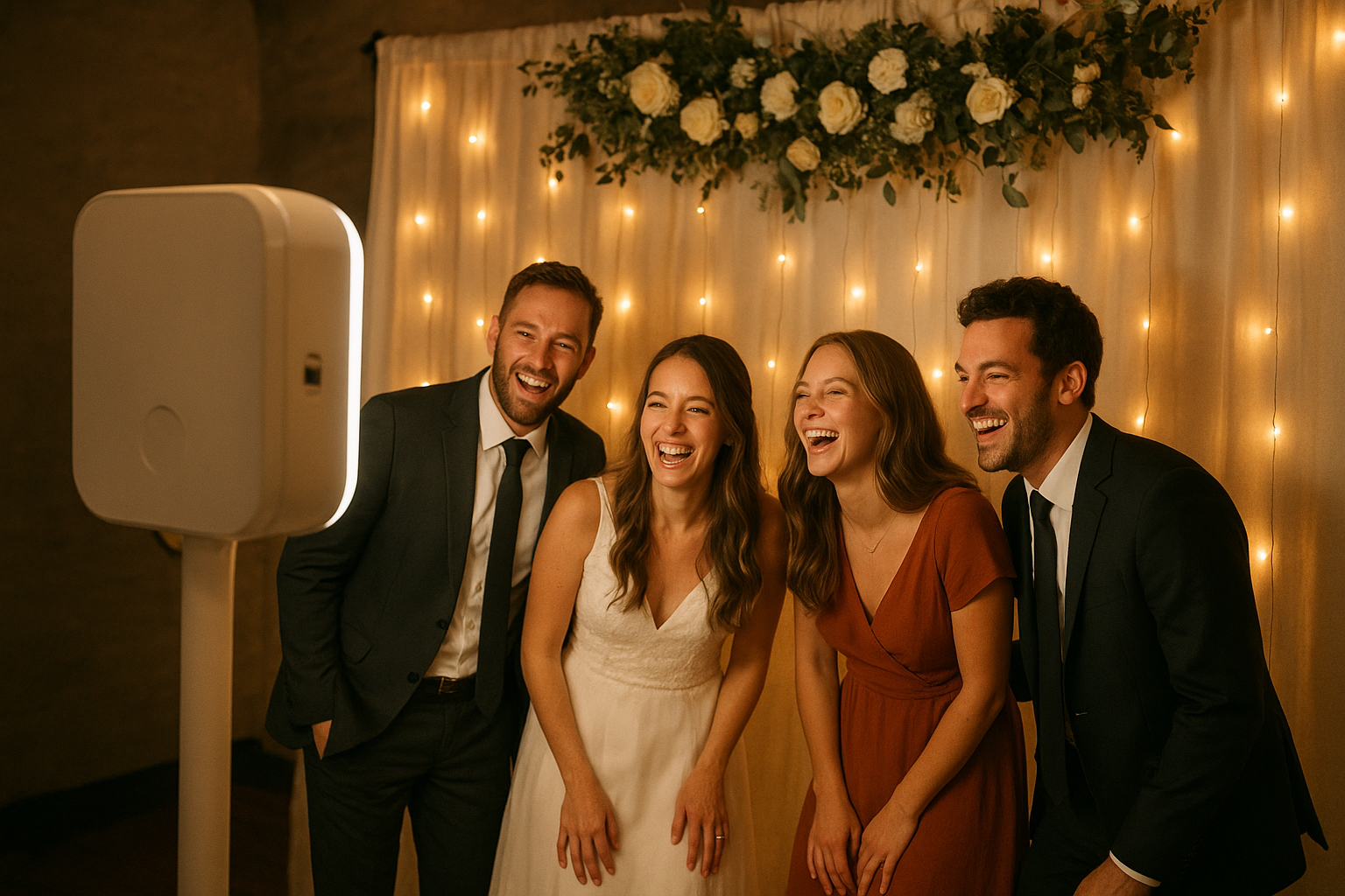 Photo booth rental Southern Illinois setup at a wedding reception with backdrop and lighting