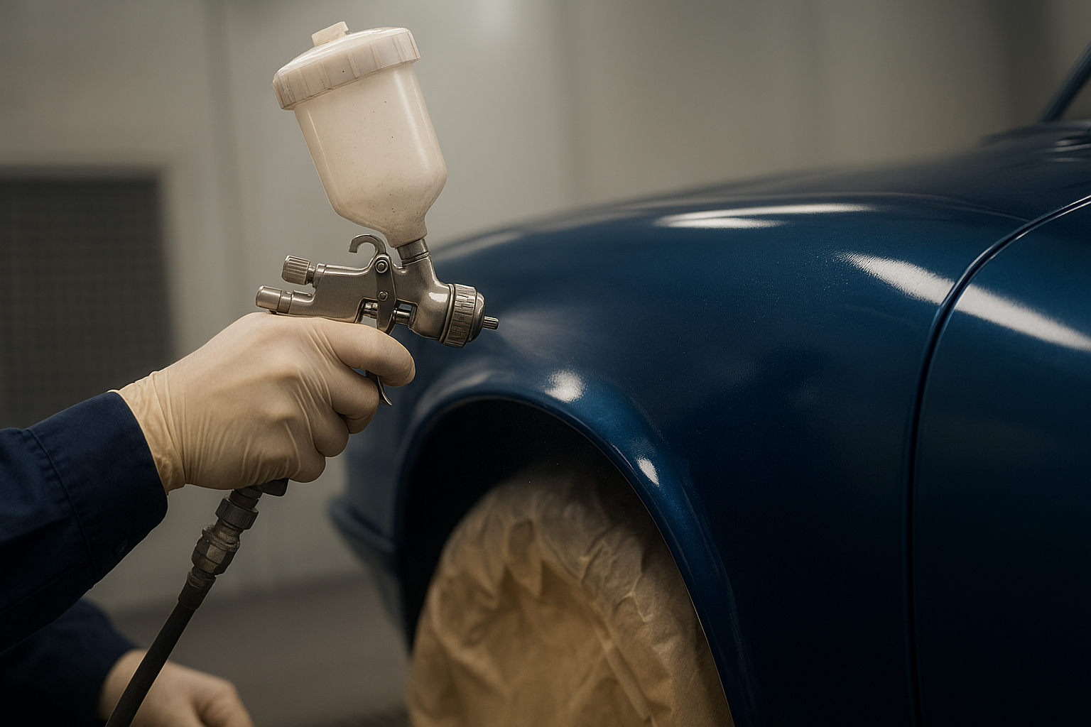 Close-up of precision paint matching during vintage car restoration