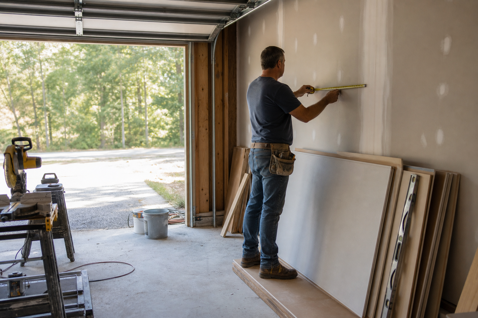 Contractor measuring a garage interior during an ADU conversion project