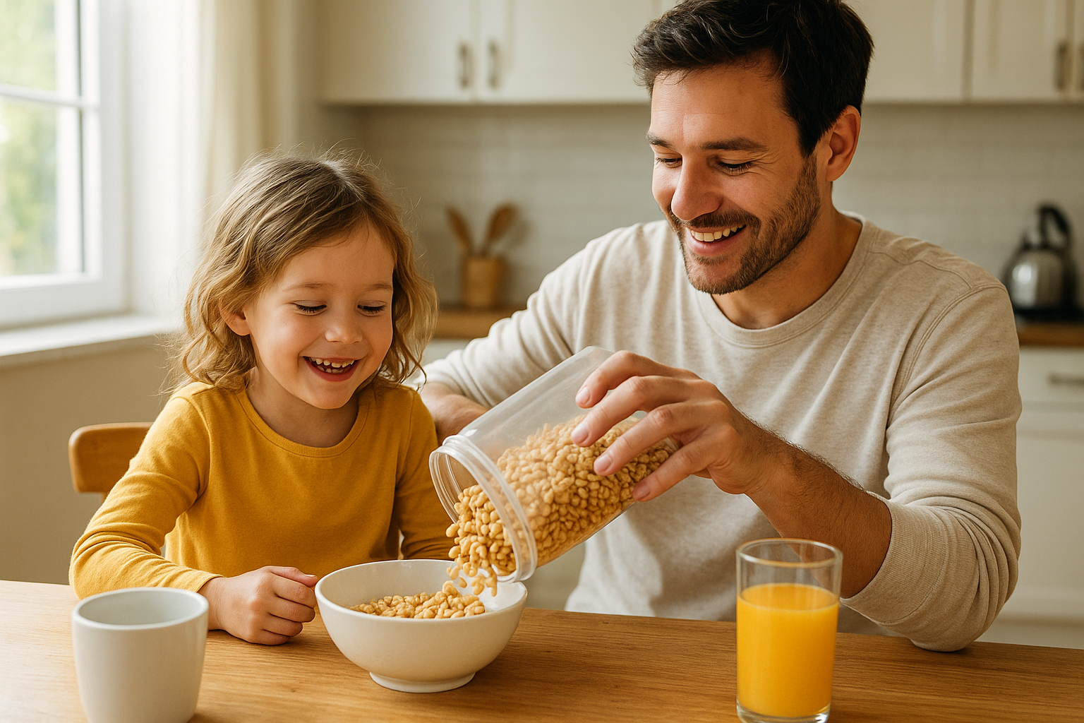 Family pouring organic puffed cereal at breakfast table
