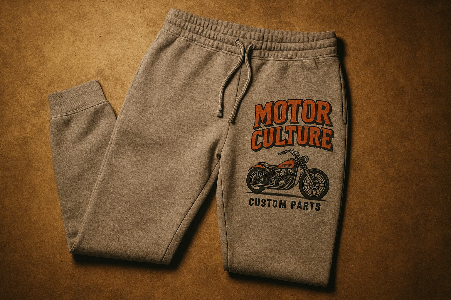 Custom sweatpants printing example showing a vintage motor culture graphic on gray fleece fabric