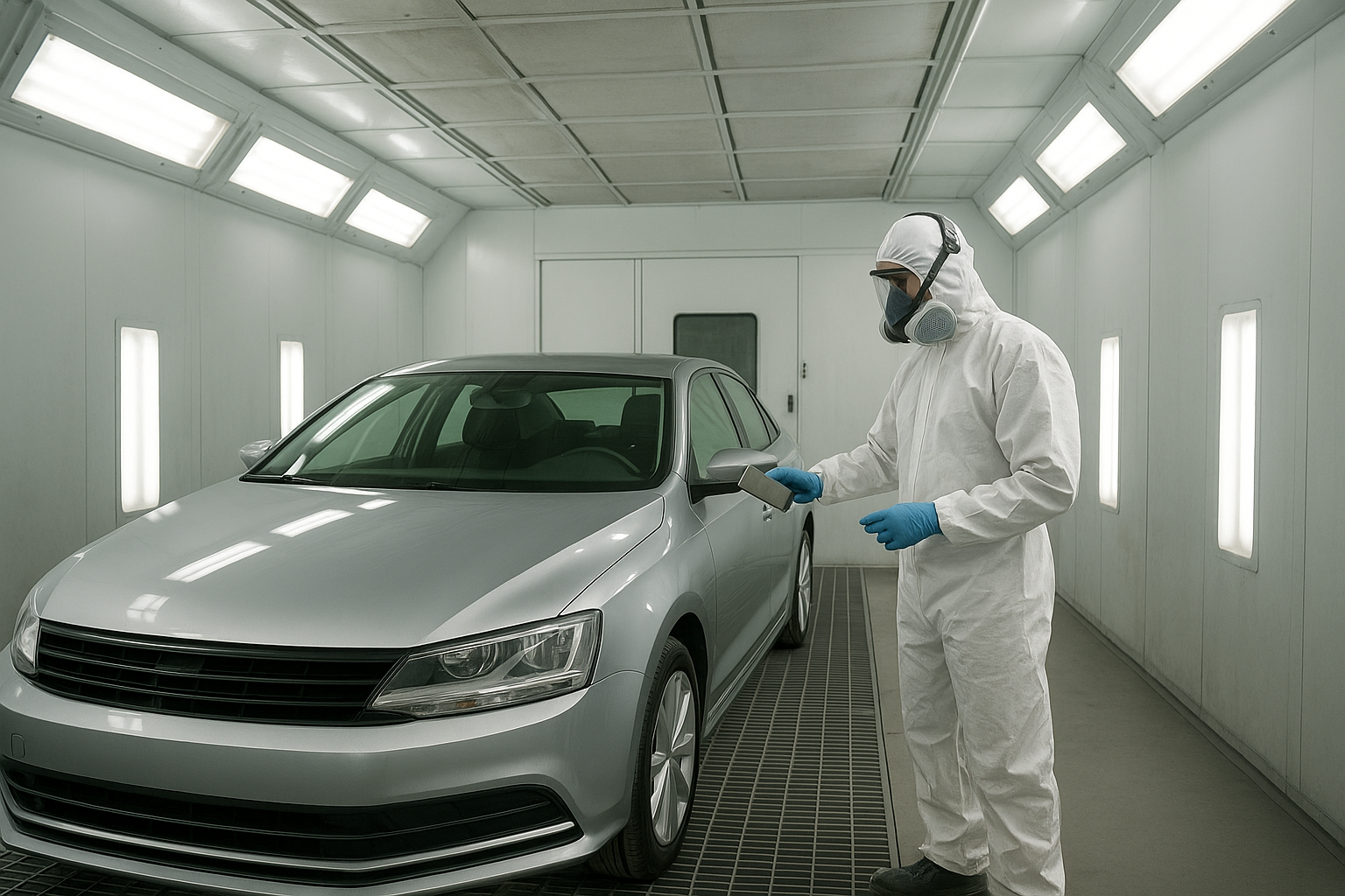 Paint booth setup used for color matching during a collision repair in an Orange County auto body shop