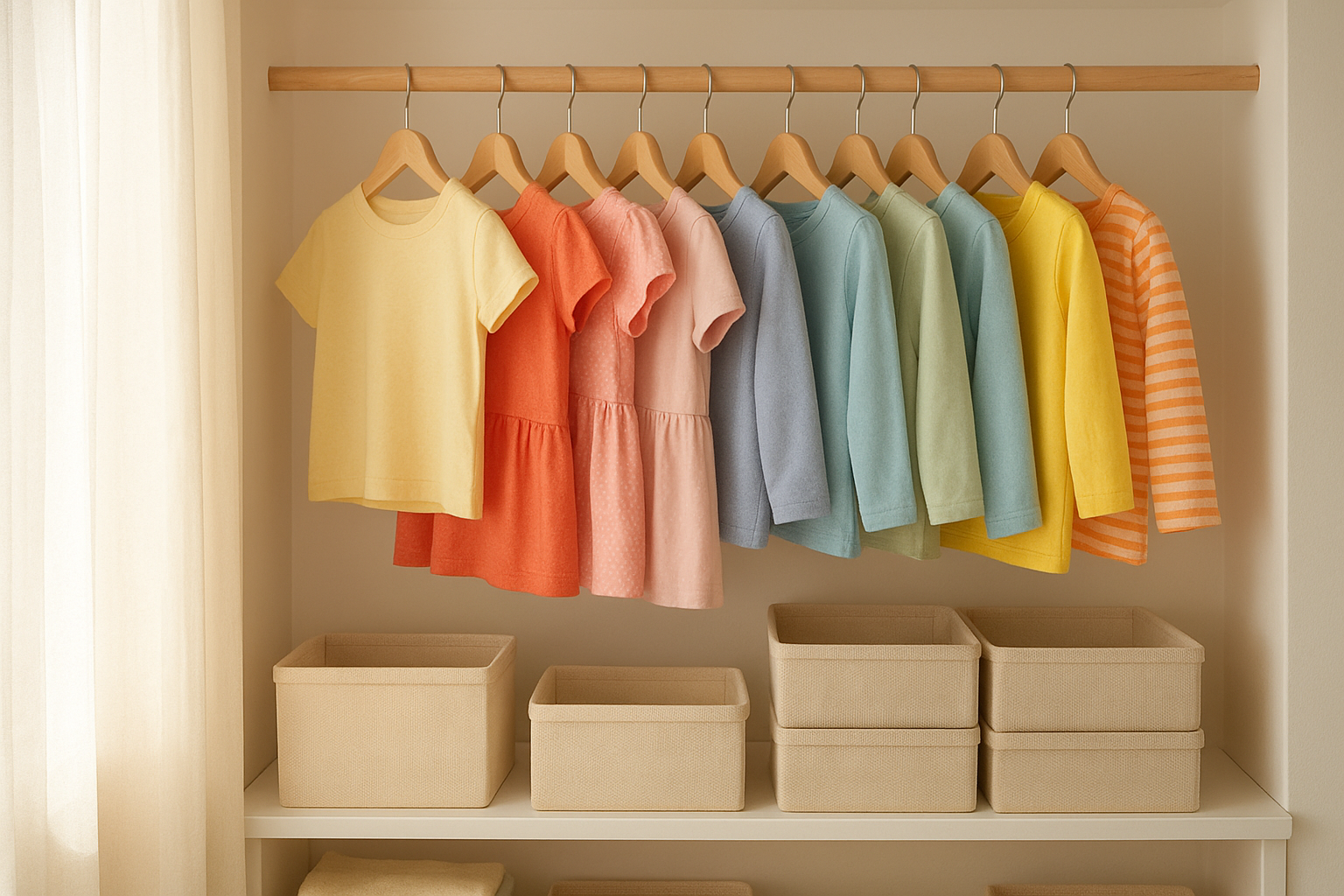 Rack of curated kids clothing rental outfits organized by size and color