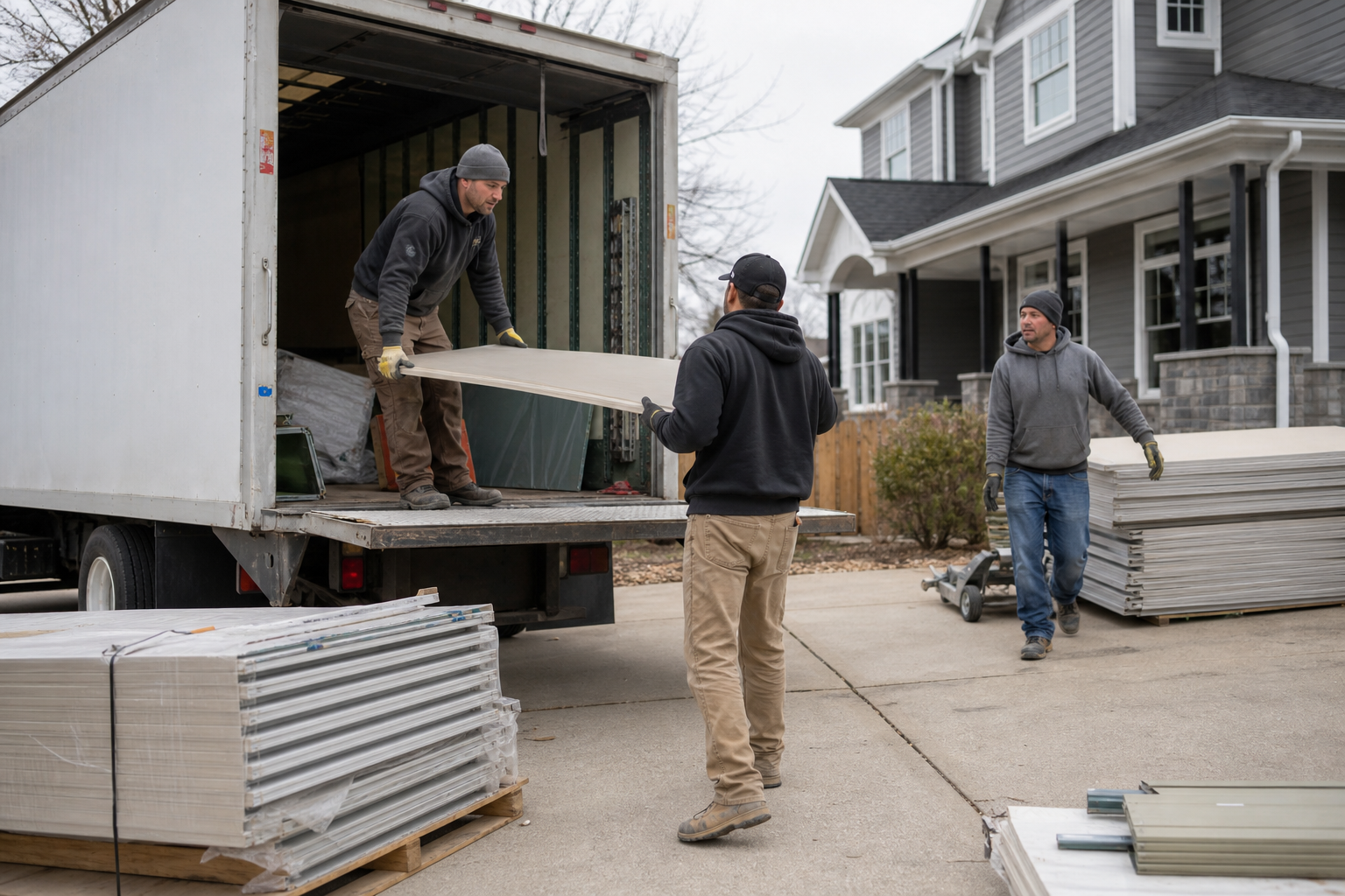 Production crew loading materials for a home improvement job linked to a signed contract