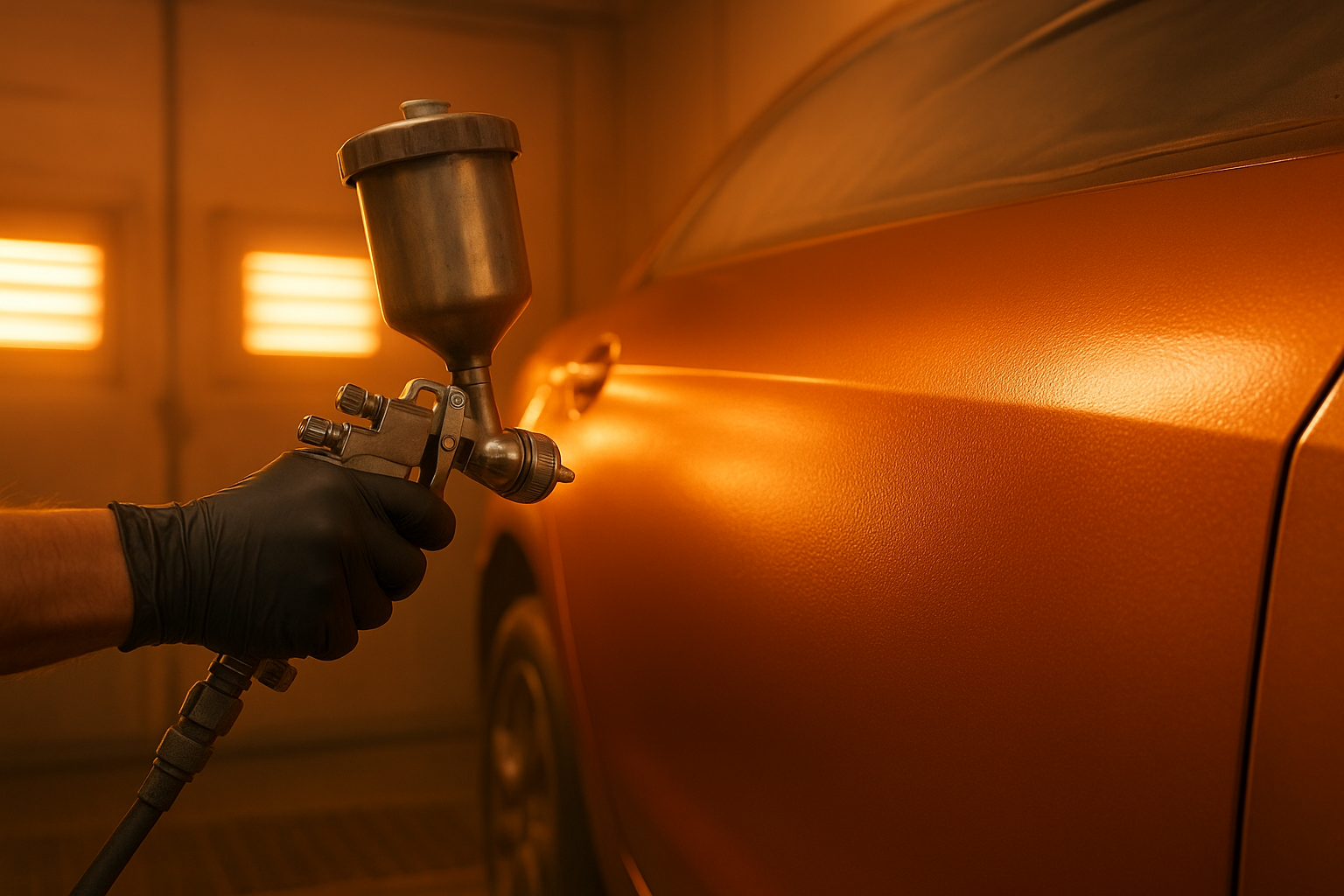 Auto body technician applying paint matching finish during a collision repair job in Brea California