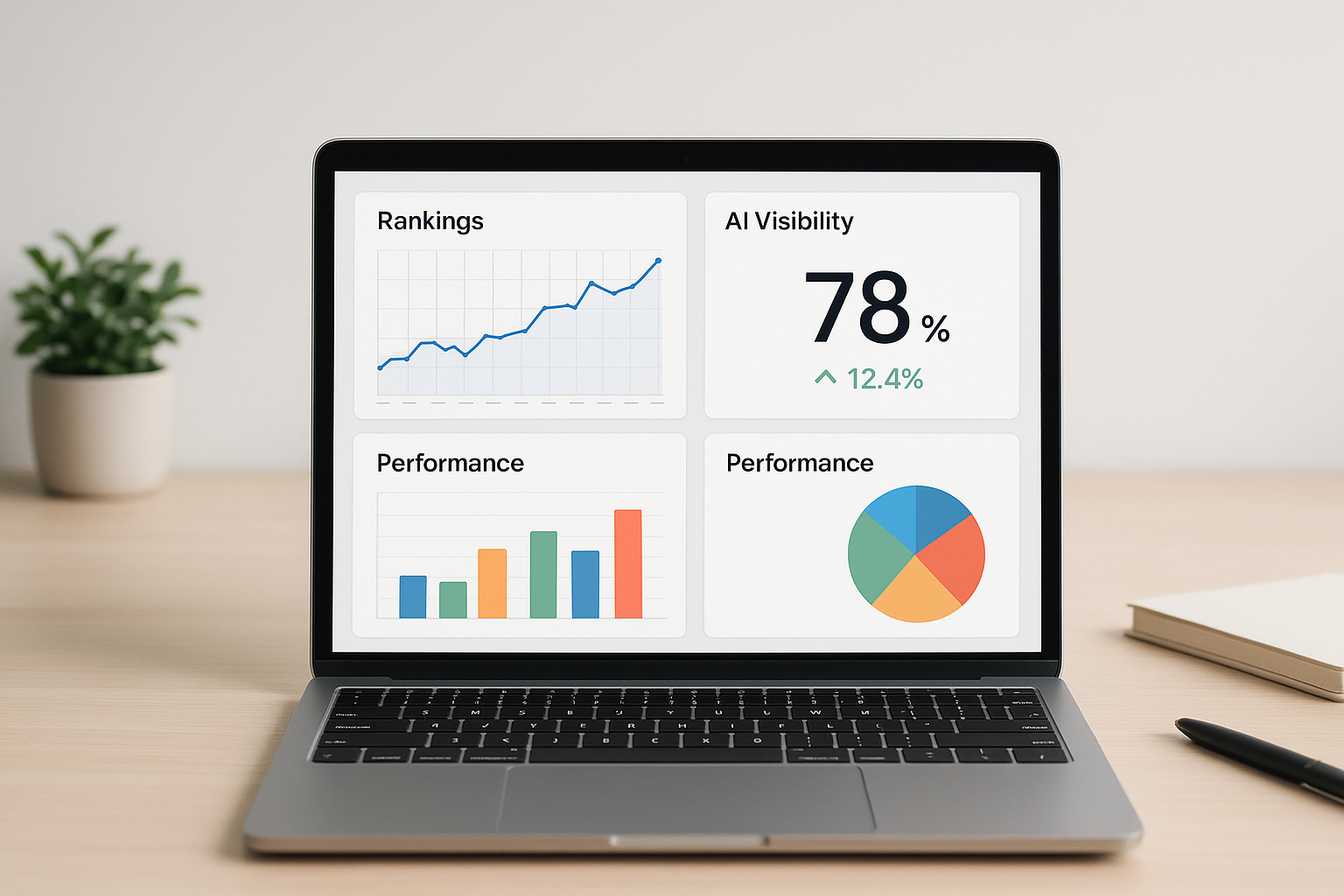 Dashboard of an SEO content optimization platform showing ranking and AI visibility data