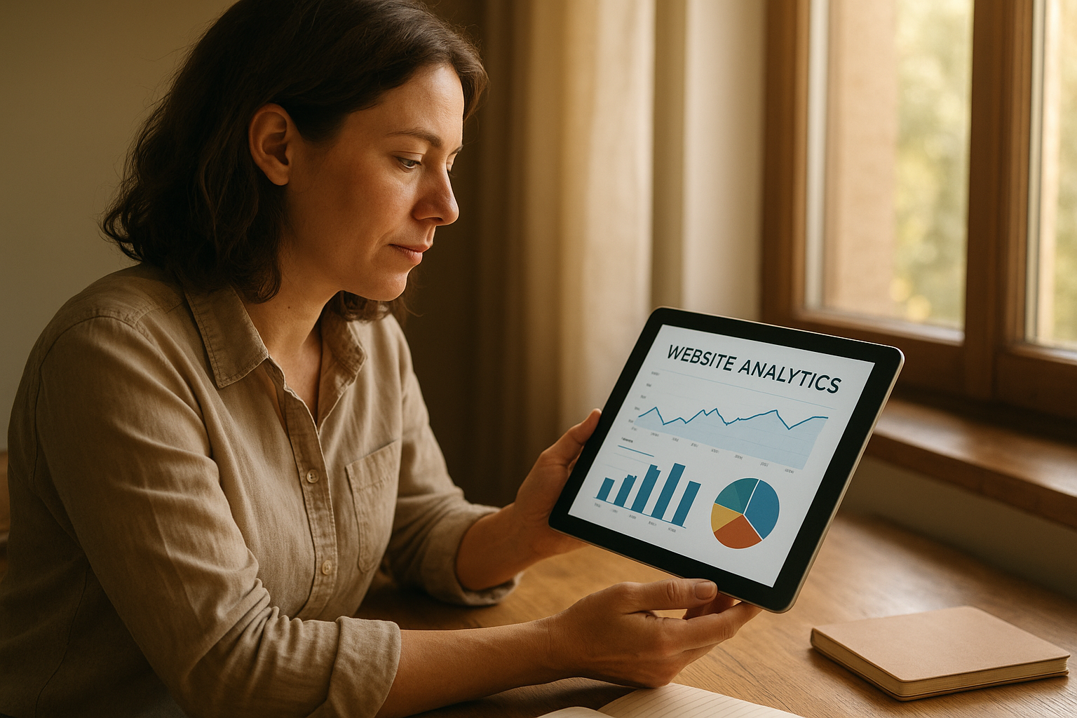 Small business owner reviewing website analytics from cloud SEO tools on a tablet