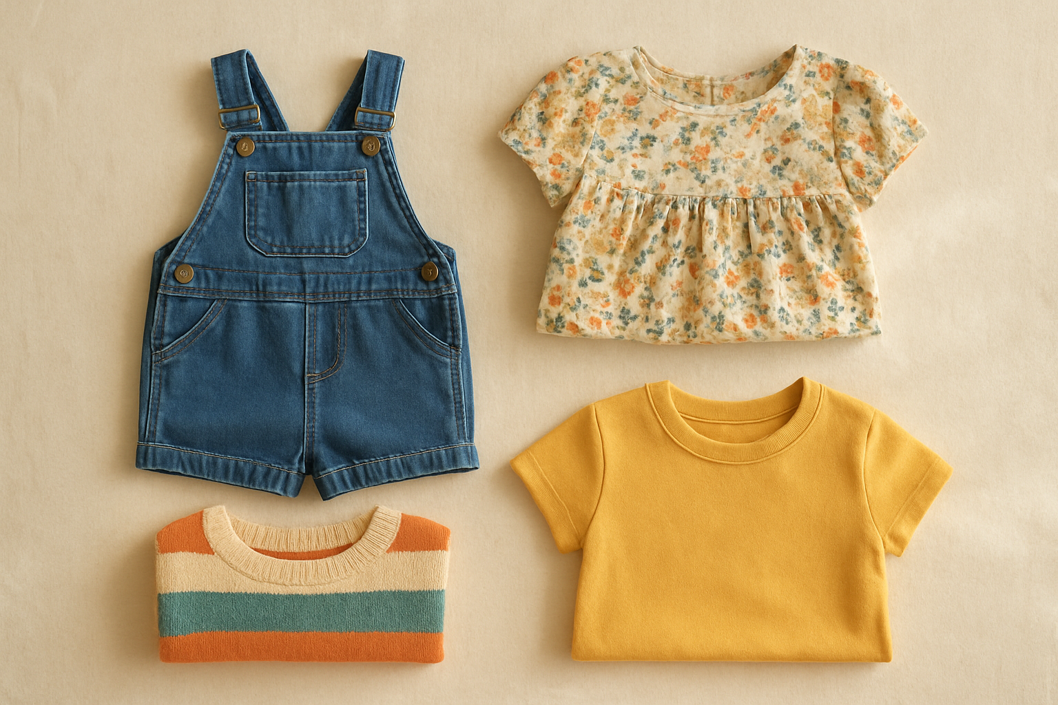 Colorful children's fashion rental service clothing bundle laid flat on linen