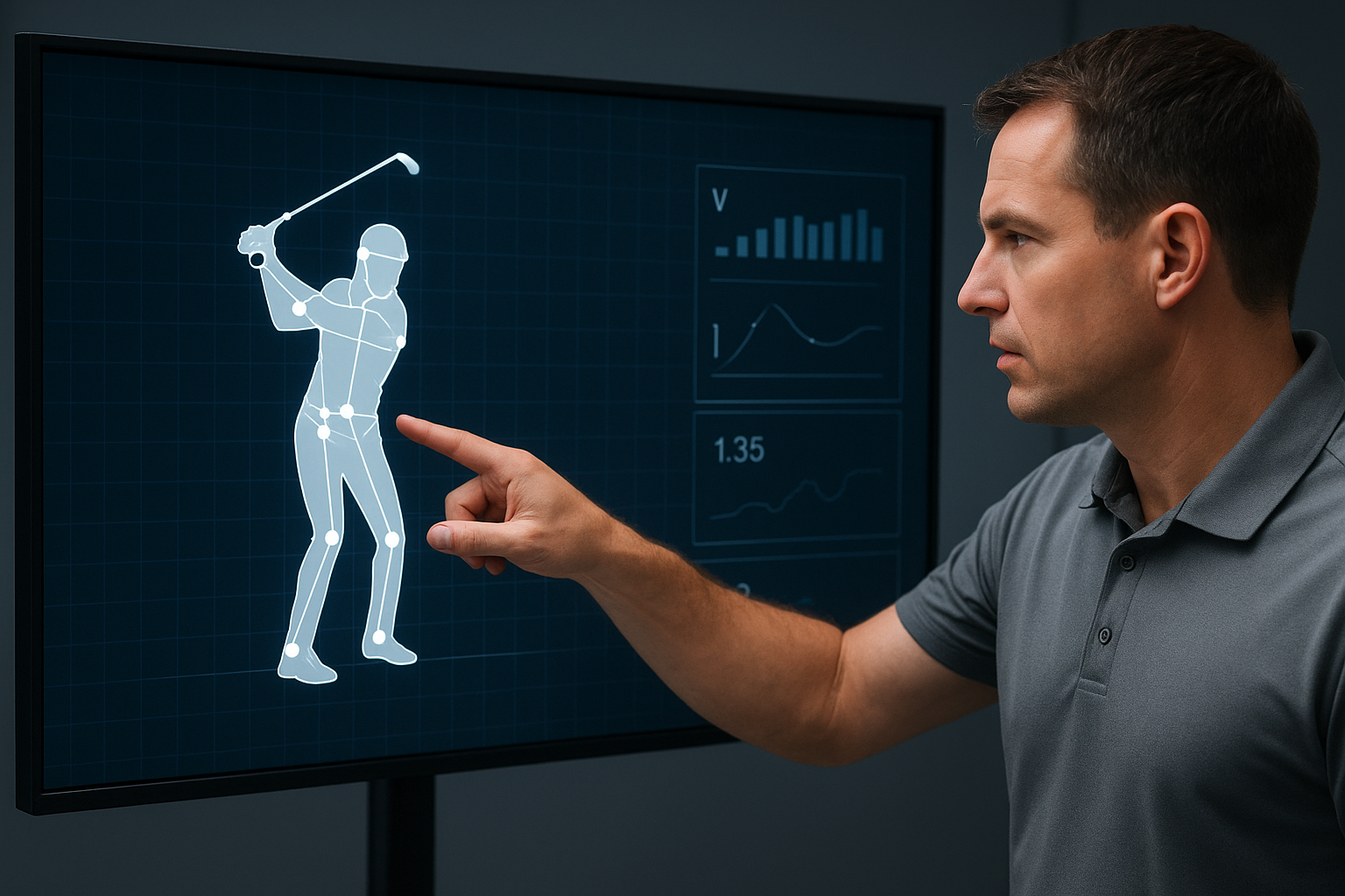 Coach analyzing biomechanical data used to build a personalized golf swing plan