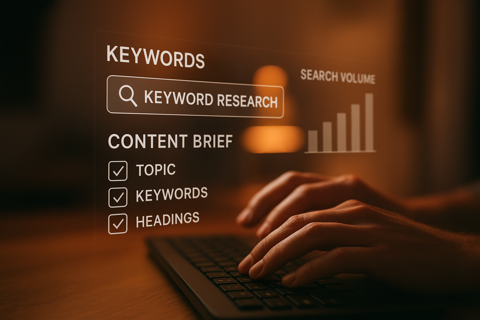 Content creator using keyword research tools and content brief features to plan an SEO-optimized article